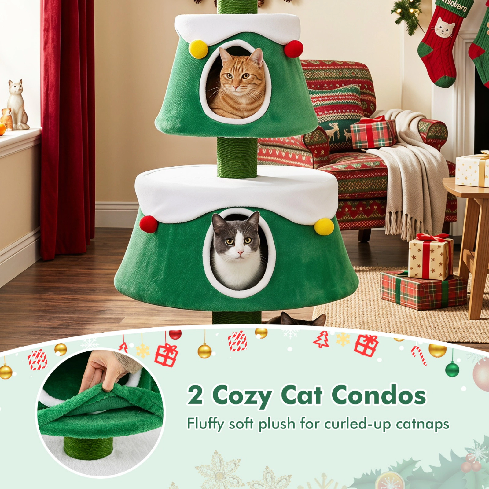 SUGIFT 61.5-in Cat Christmas Tree Tower with 2 Large Condos Star Spring Toy Decorative Spheres & Scratching Posts Green