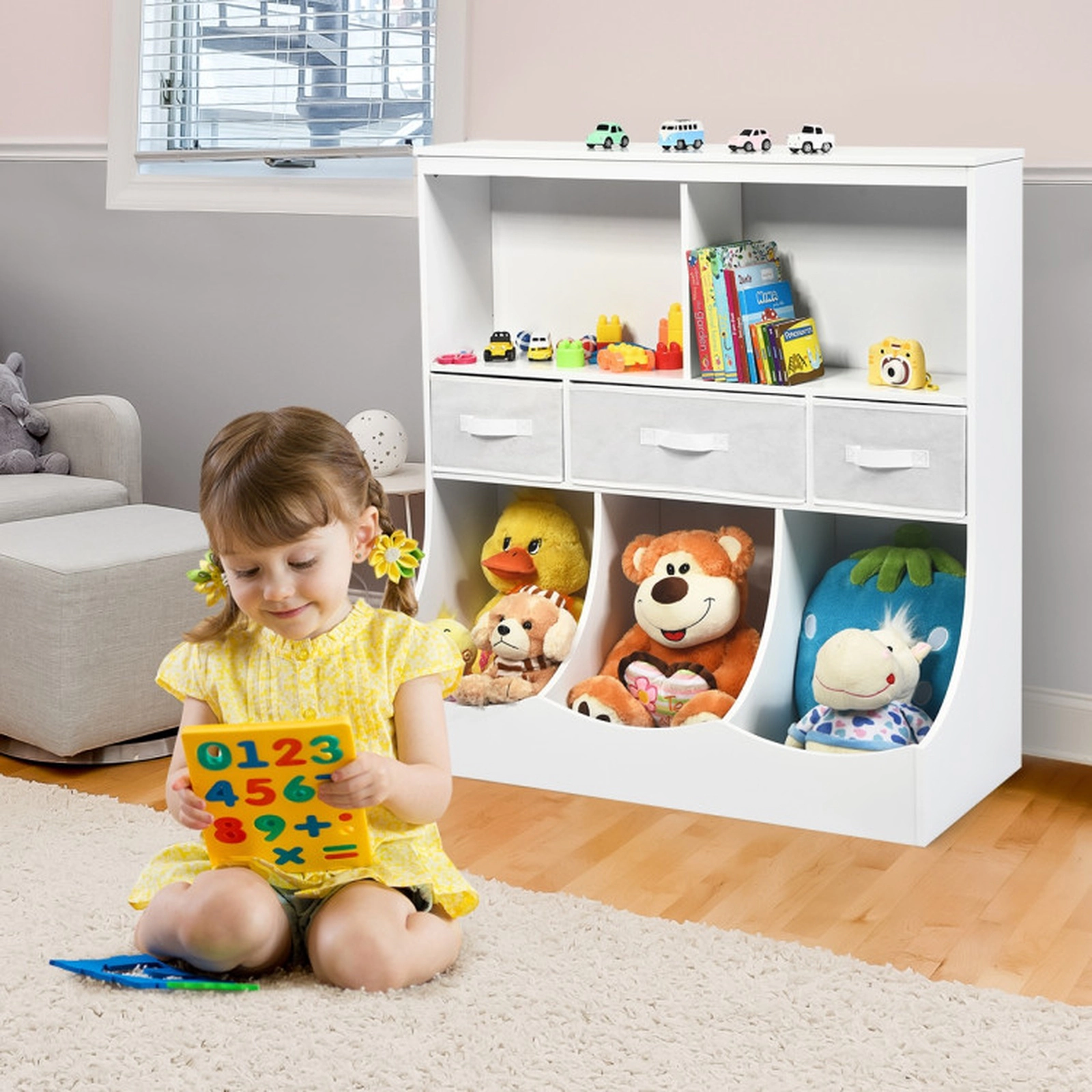 SUGIFT Kids 8 Cubes 3 Detachable Non-Woven Drawers Cubby Toy Storage Organizer 37-in x 16-in x 37-in 66-lb Top White