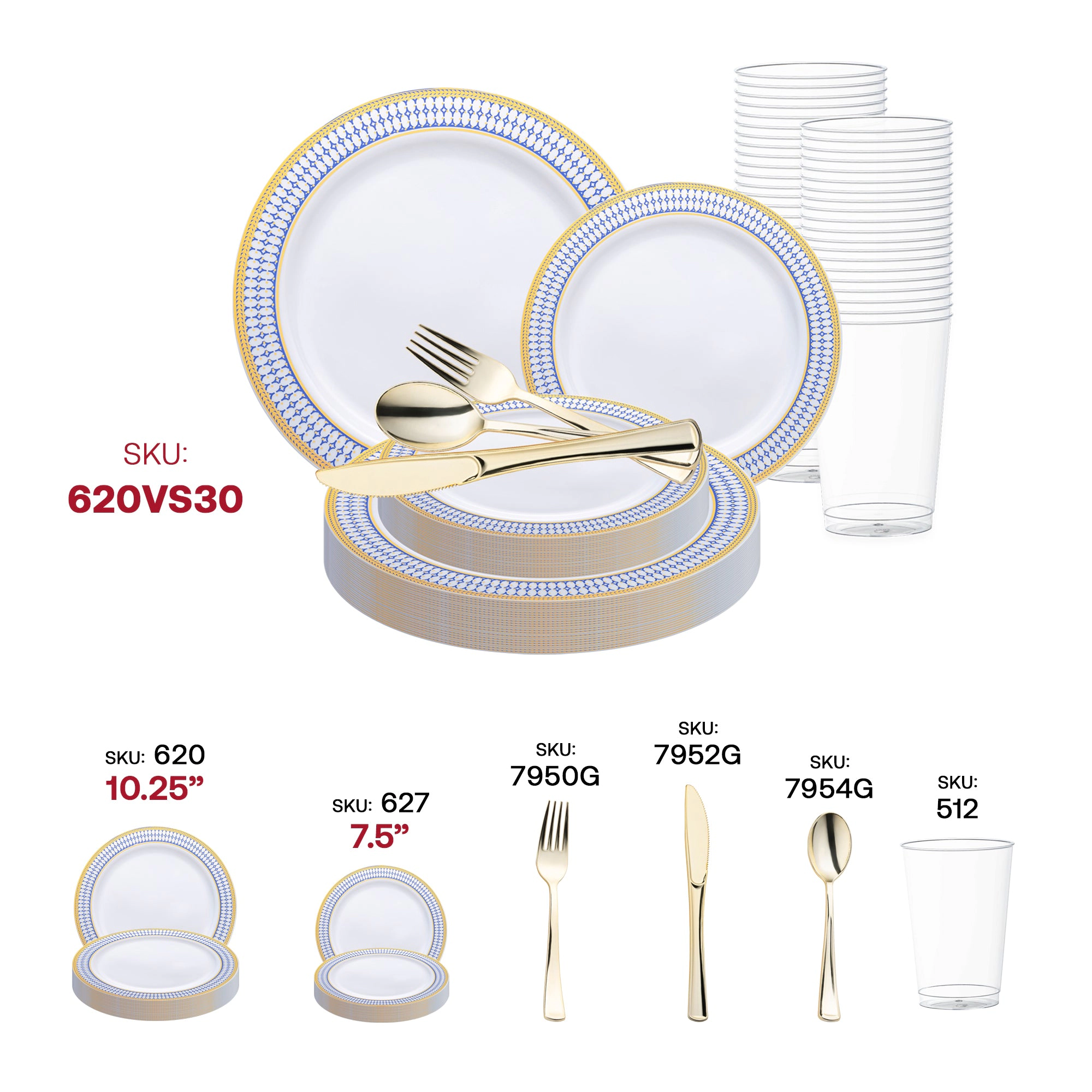 Smarty Had A Party White with Blue and Gold Chord Rim Plastic Wedding Value Set