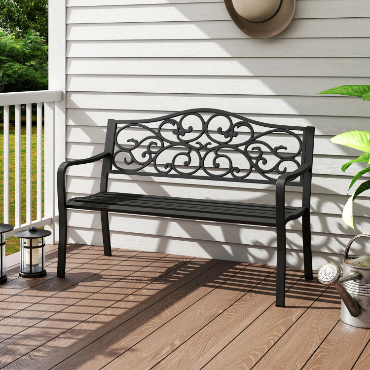 Hivvago 50 Inches Outdoor Cast Iron Metal Patio Bench With Floral Design Backrest And Slatted Seat