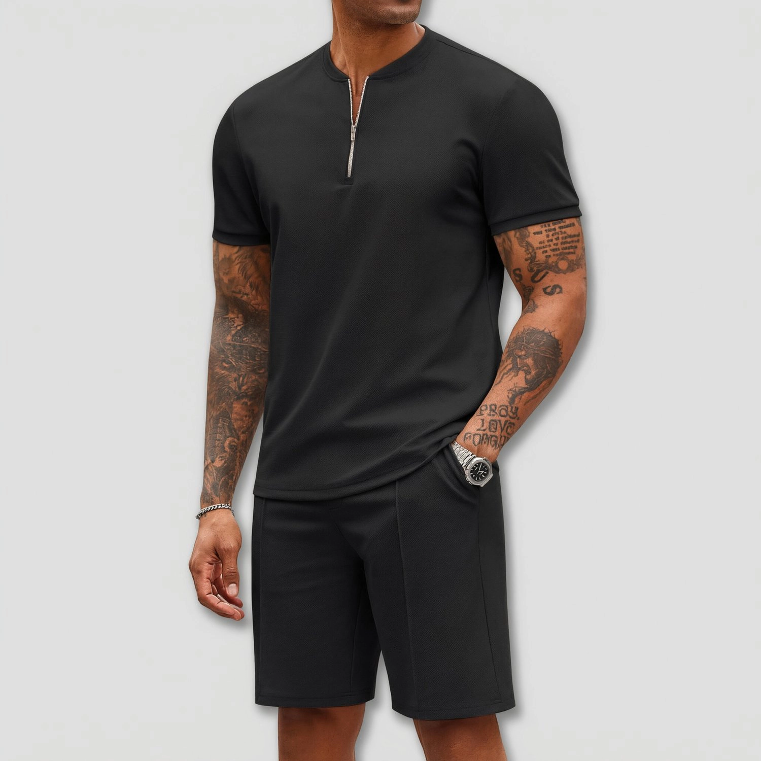 COOFANDY Mens Casual Short Sleeve Henley Zip Neck Top & Shorts 2 Piece  Set