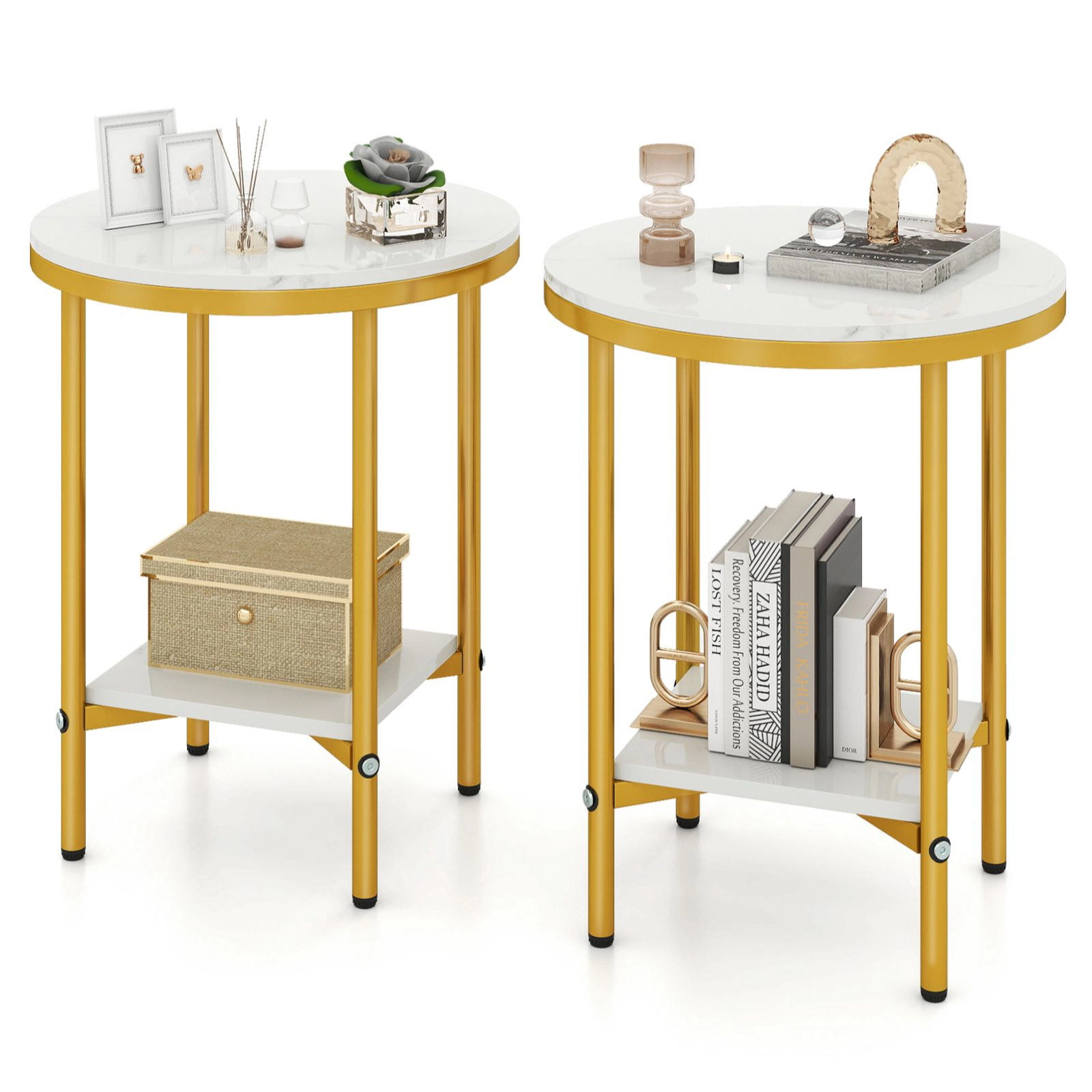 SlickBlue 2 Tier Round Side Table with Marble Top for Living Room