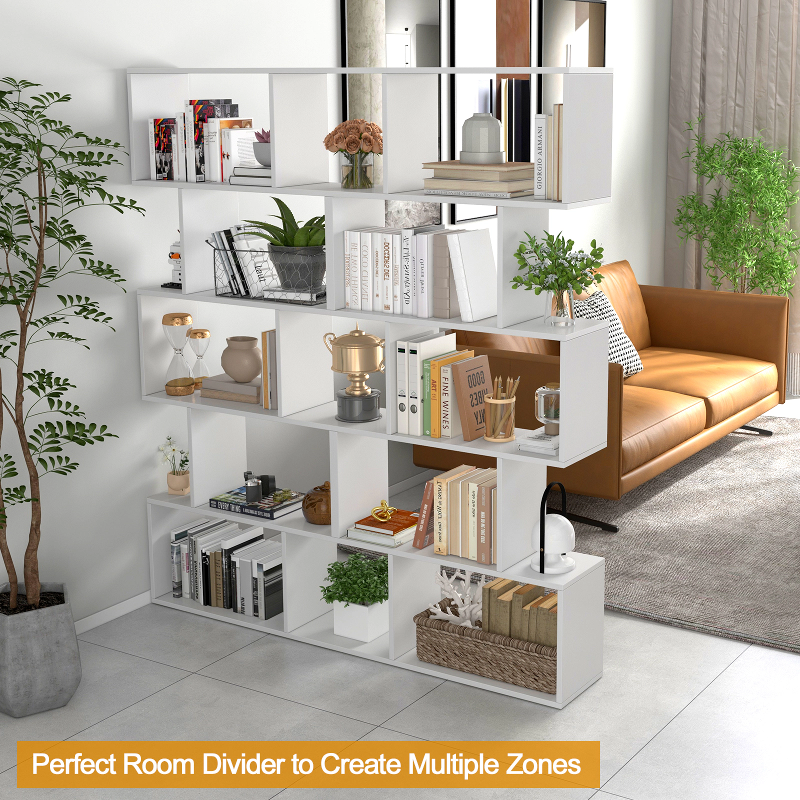 SUGIFT 5-Tier S Shaped Bookshelf Wide Base & Anti-Toppling Device 45-lb Shelf Capacity Rustic Brown for Living Room Home