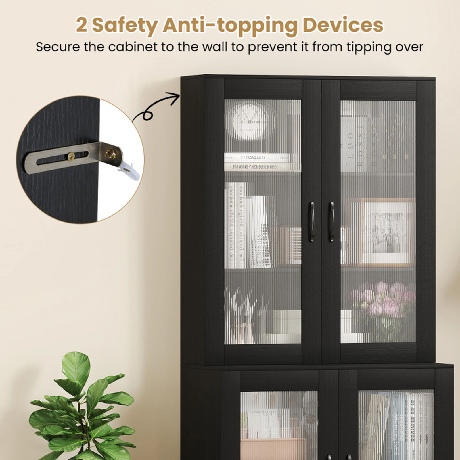 SUGIFT Tall Kitchen Pantry Cabinet Cupboard Sideboard with 4 Transparent Doors Adjustable Shelves Black