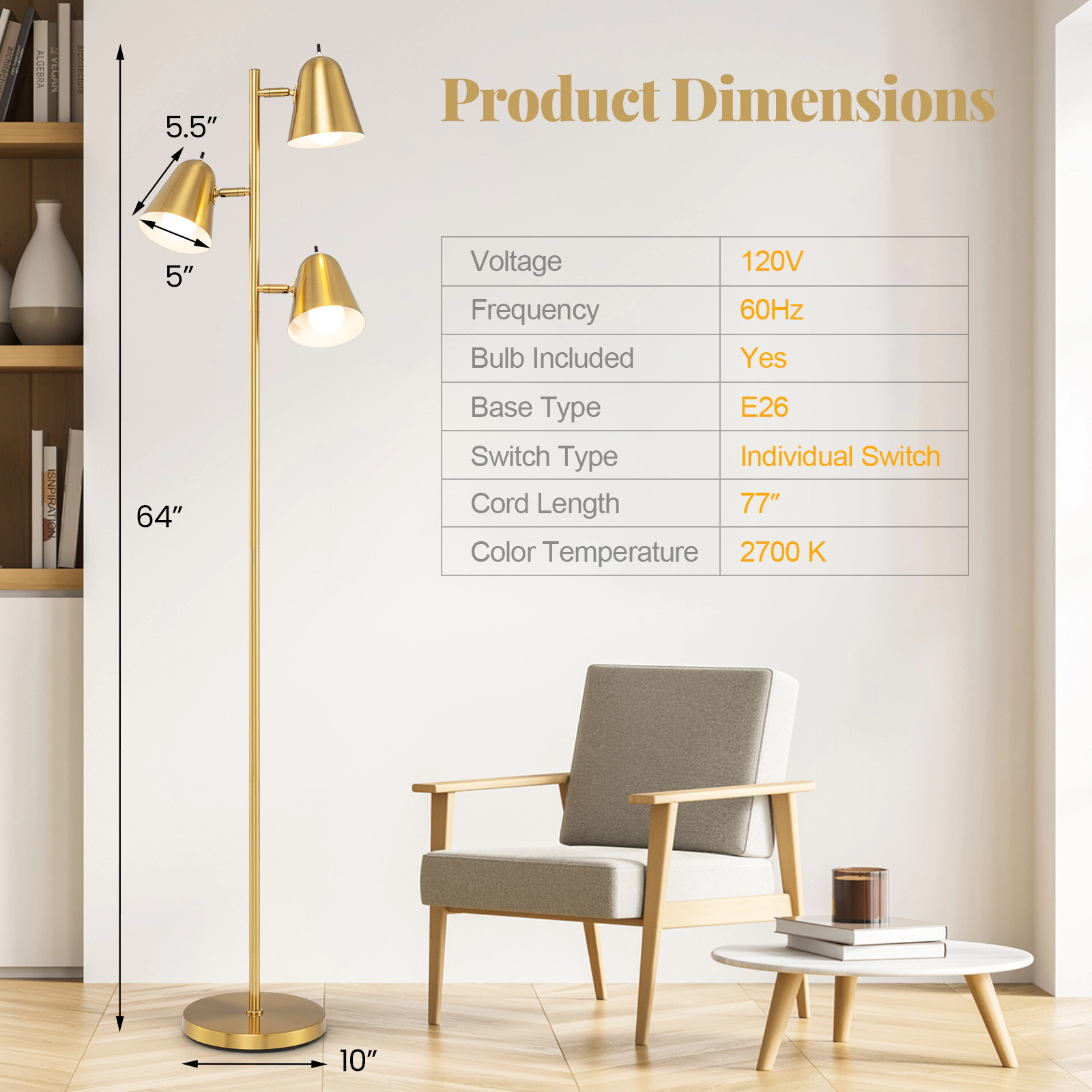 Slickblue Gold 3-Light Floor Lamp 64in Adjustable Reading Lamp with Individual Switches