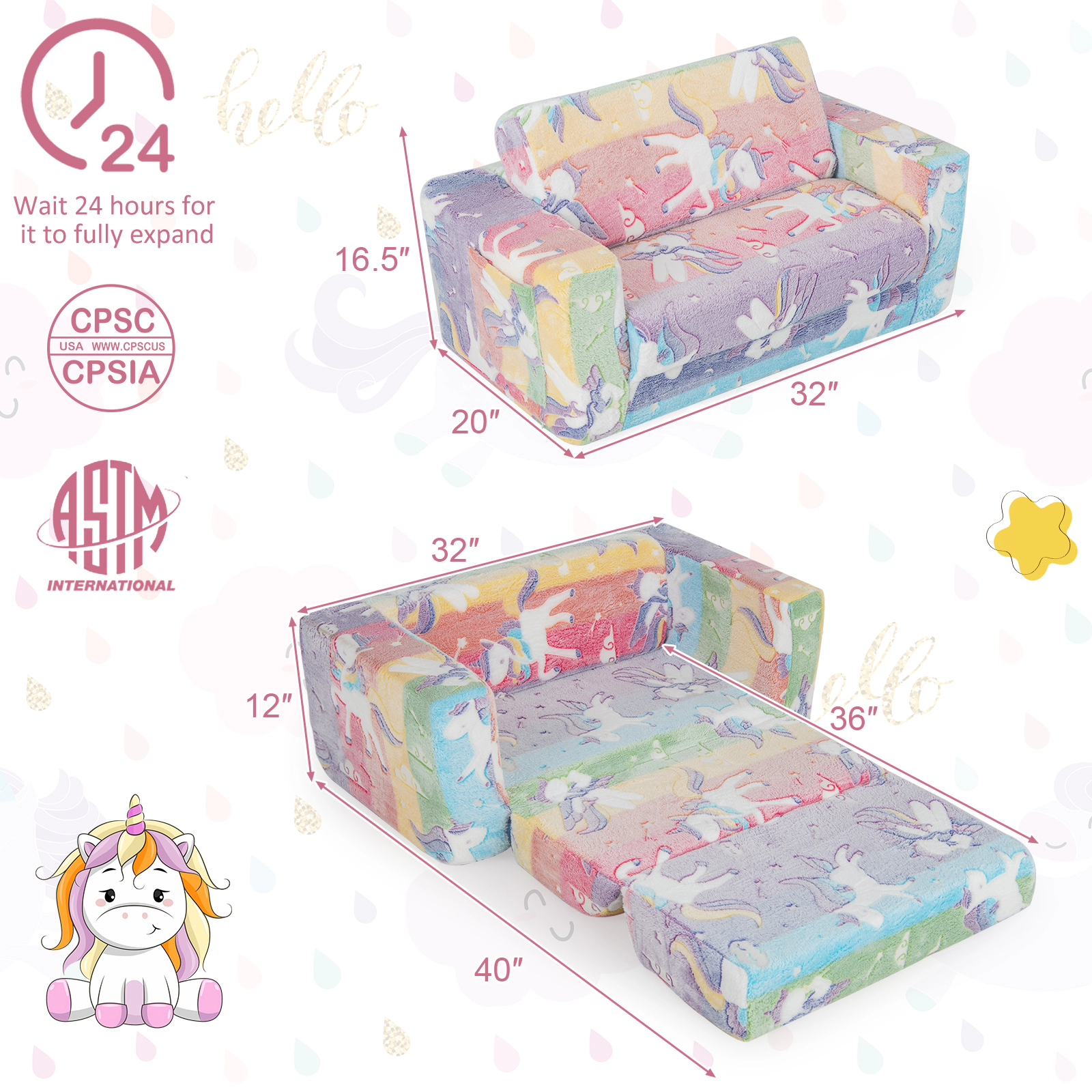 SUGIFT Detachable Flannel Cover and Glowing Pattern 2-in-1 Flip Out Kids Sofa Chair