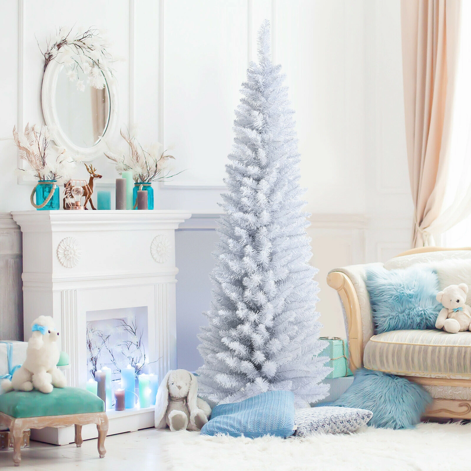 SUGIFT 6 ft White Slim Pencil Christmas Tree Unlit Artificial Xmas Tree with Metal Stand