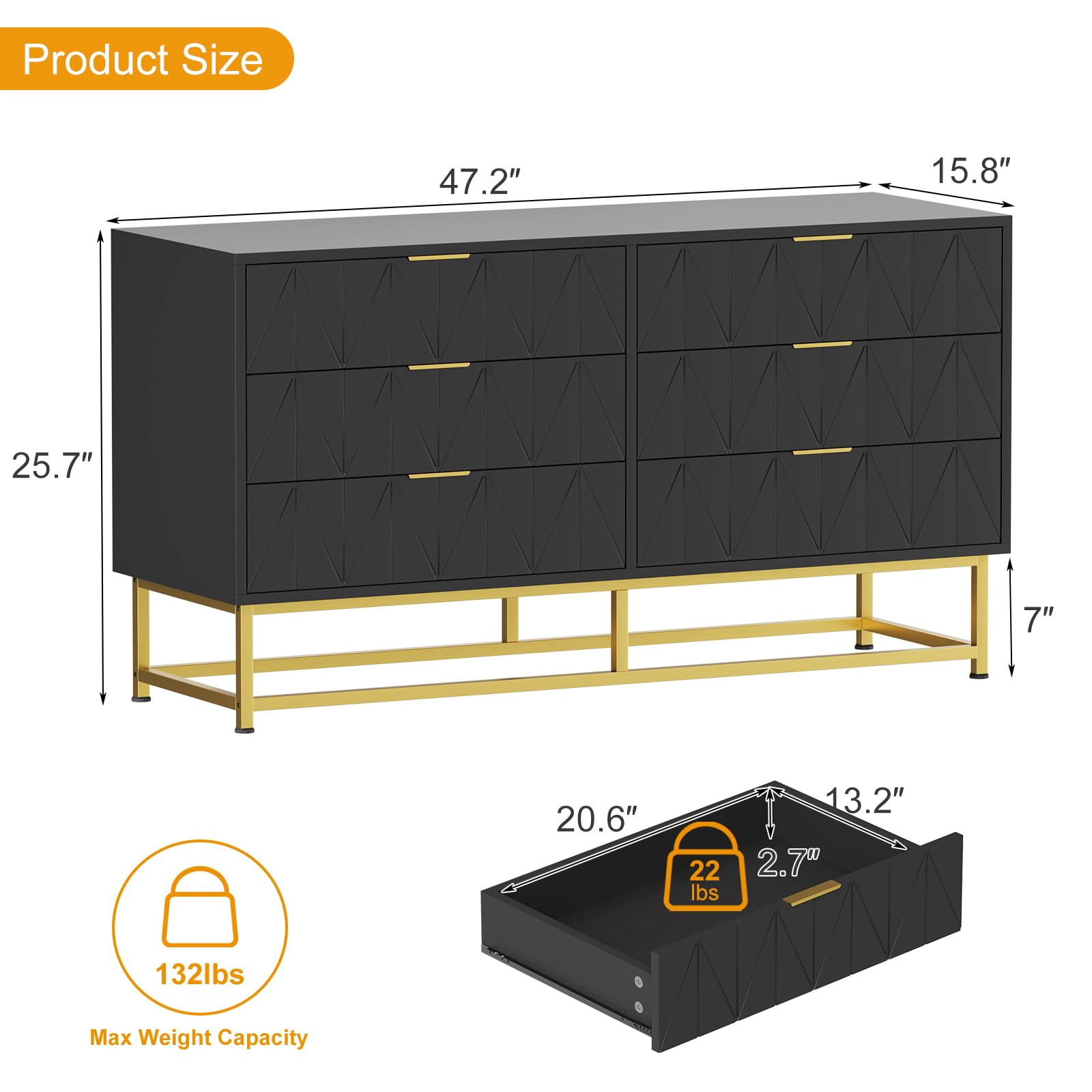 Modern 6 Drawer Wood Dresser with Metal Legs, Wide Storage Chest Organizer for Bedroom Living Room