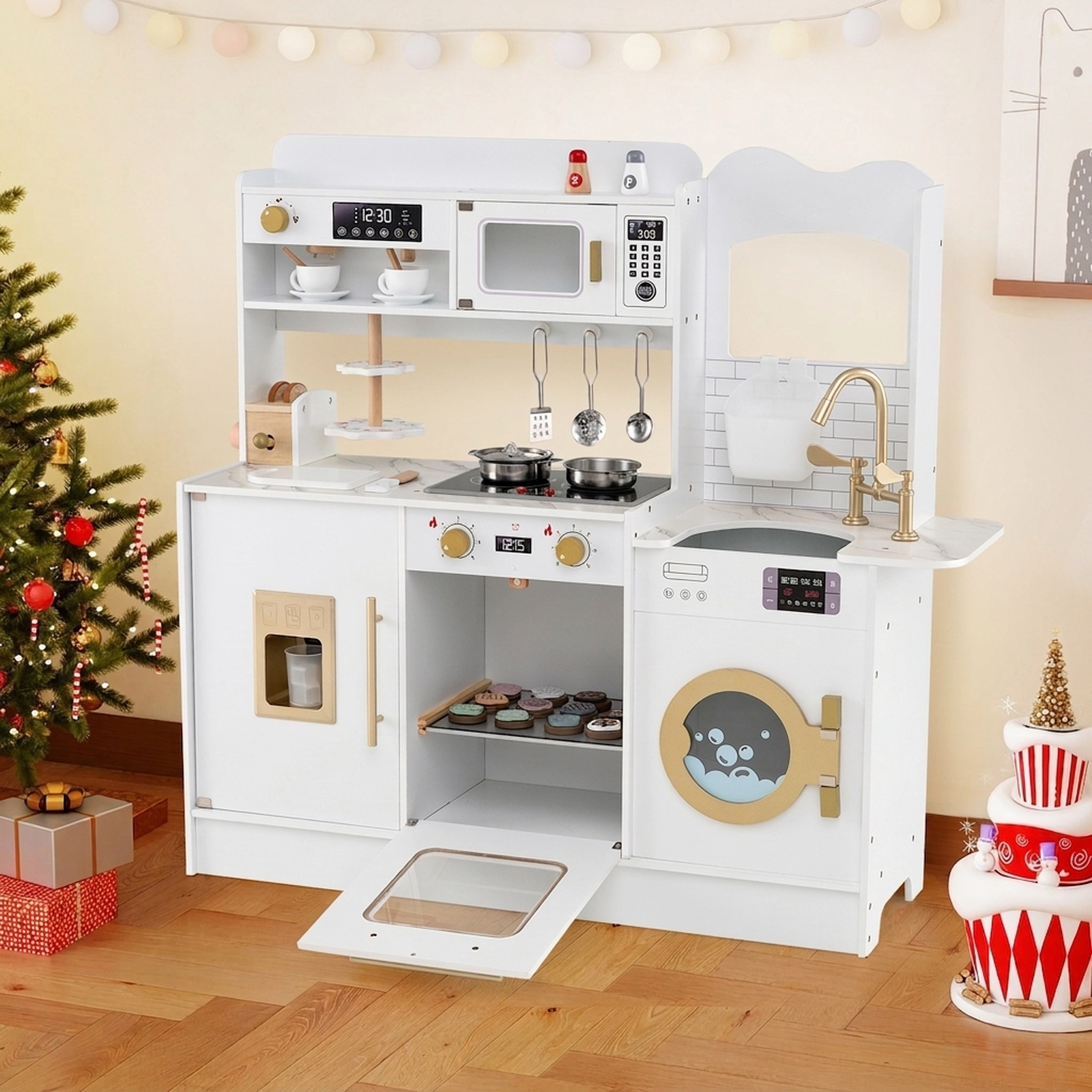 Kids Kitchen 2-Tier Dessert Rack Toaster Ice Dispenser Lights and Sounds 39.5-in Play Kitchen Playset Ages 3+ White