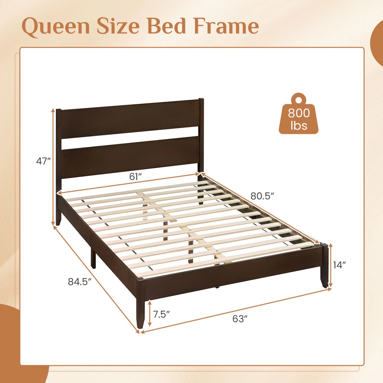 SUGIFT Queen Platform Bed Frame, 35-in Wood Headboard, 12 Screw-Fixed Slats, Dark Walnut