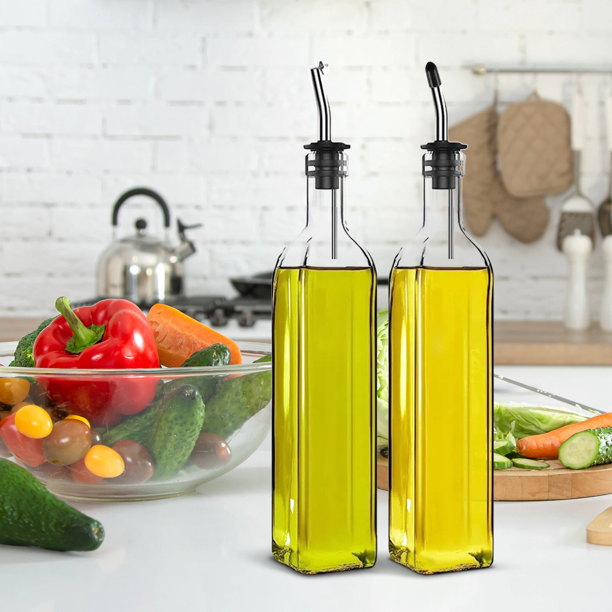 Cheer Collection 2 Pack Glass Olive Oil Dispenser Set 17oz with Funnel Brush