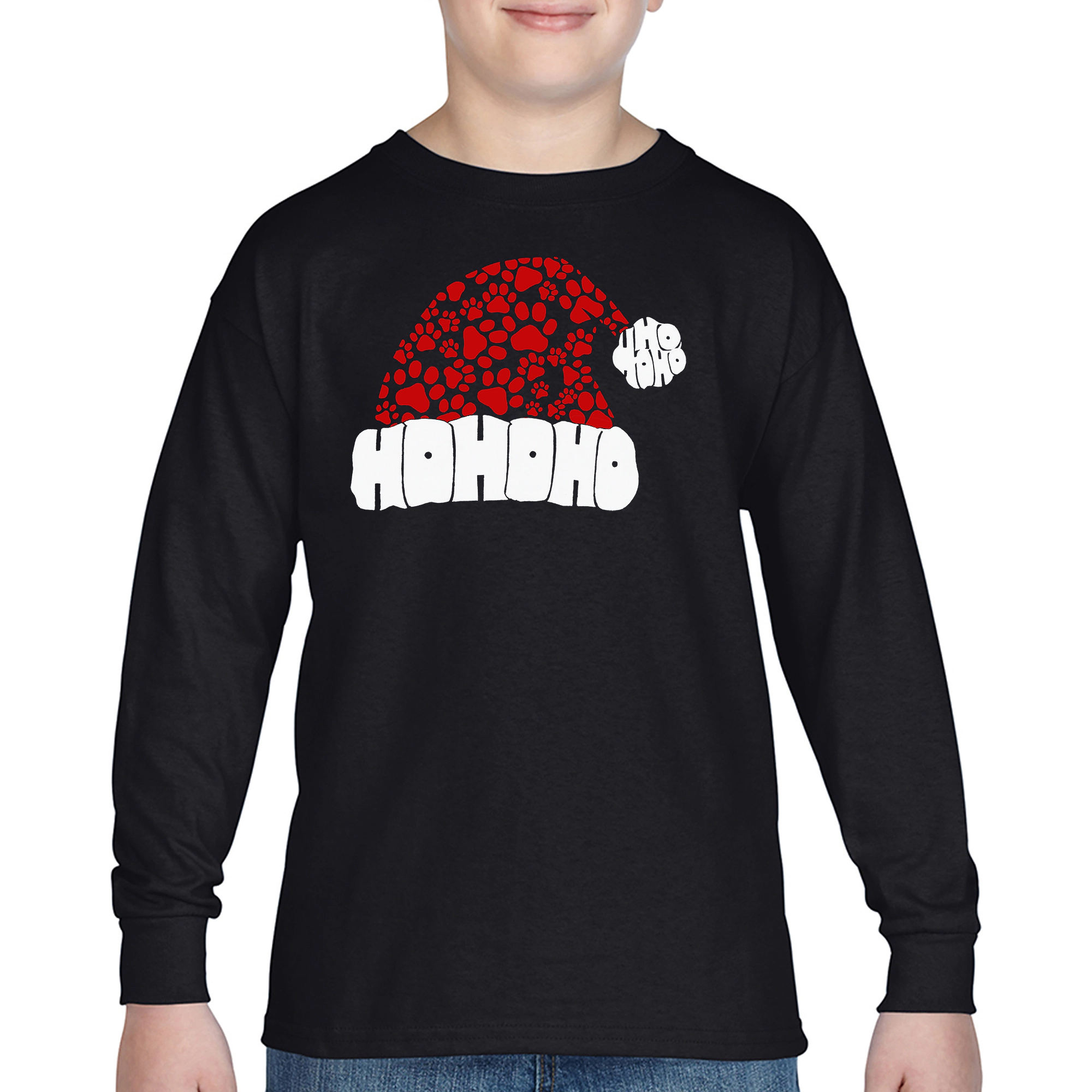 LA Pop Art Boys Long Sleeve T-Shirt - Paw Print Santa Hat