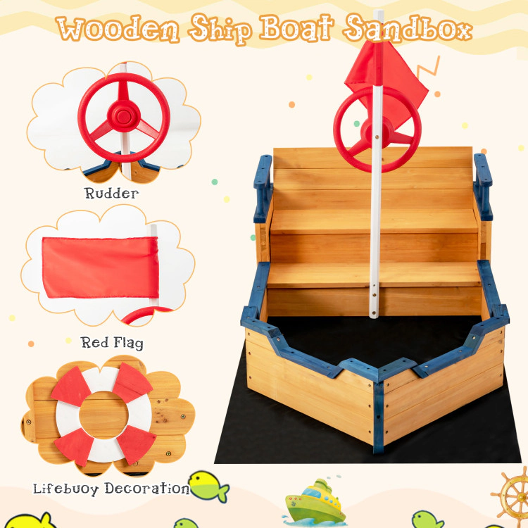 Hivvago Kids Pirate Boat Wooden Sandbox Children Outdoor Playset