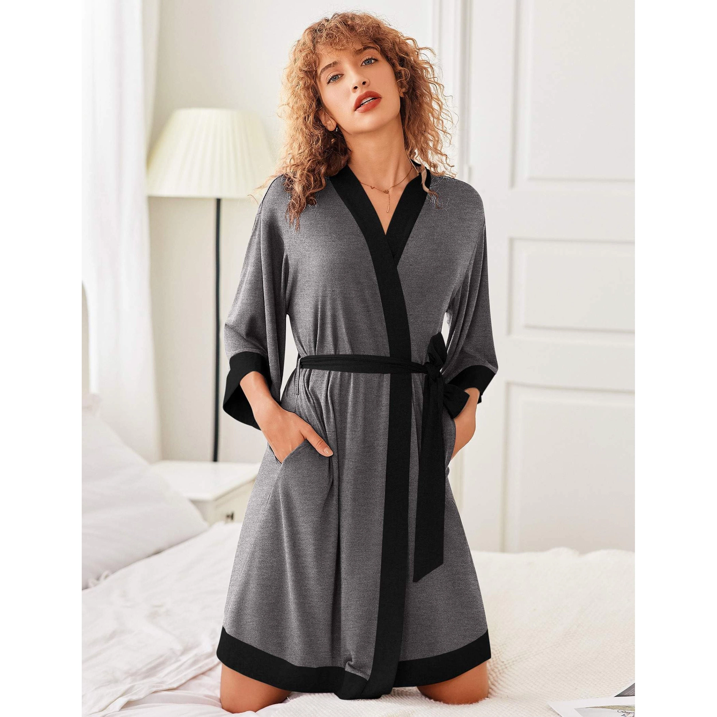 Ekouaer Robes for Women Knee Length Bathrobe Lightweight Kimono Robe 3/4 Sleeve Sleepwear