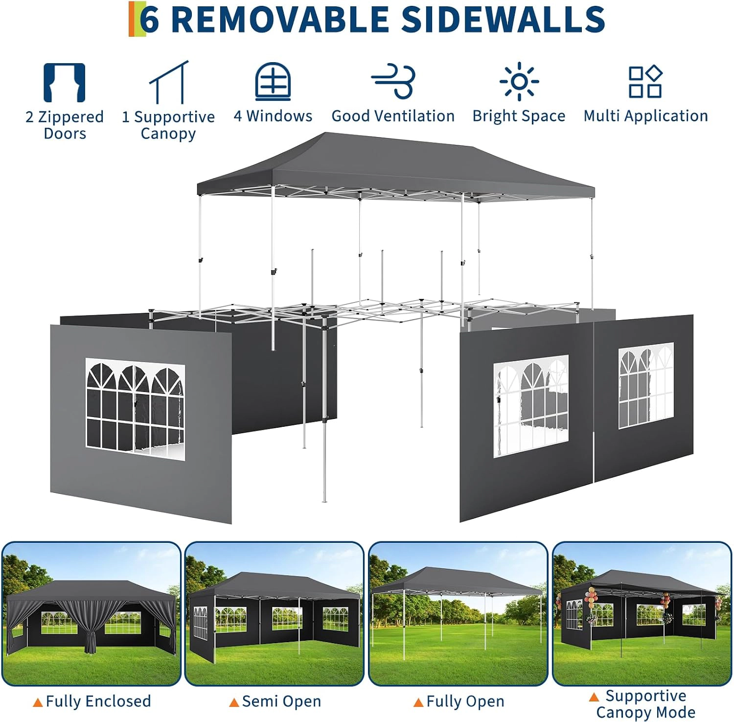 WHITE Pop Up Canopy Tent, 420D Oxford, Pointed Roof, Sidewalls with Windows, Stable Frame, Portable Carry Bag