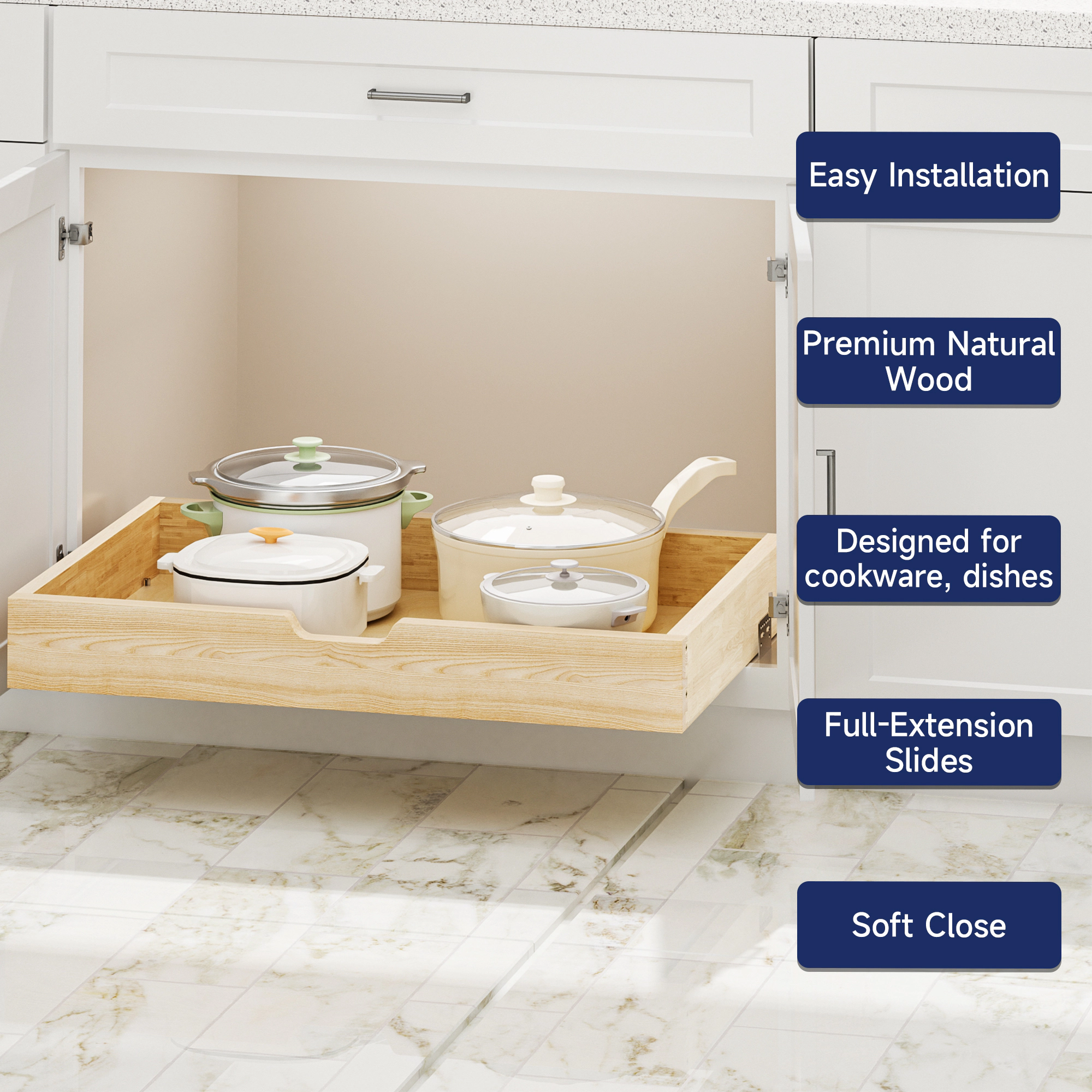 Tinyhomie 19.5 In W x 21 In D x 4 In H Solid Wood Pull Out Cabinet Organizer Slide Out Drawer with Soft Close Glides