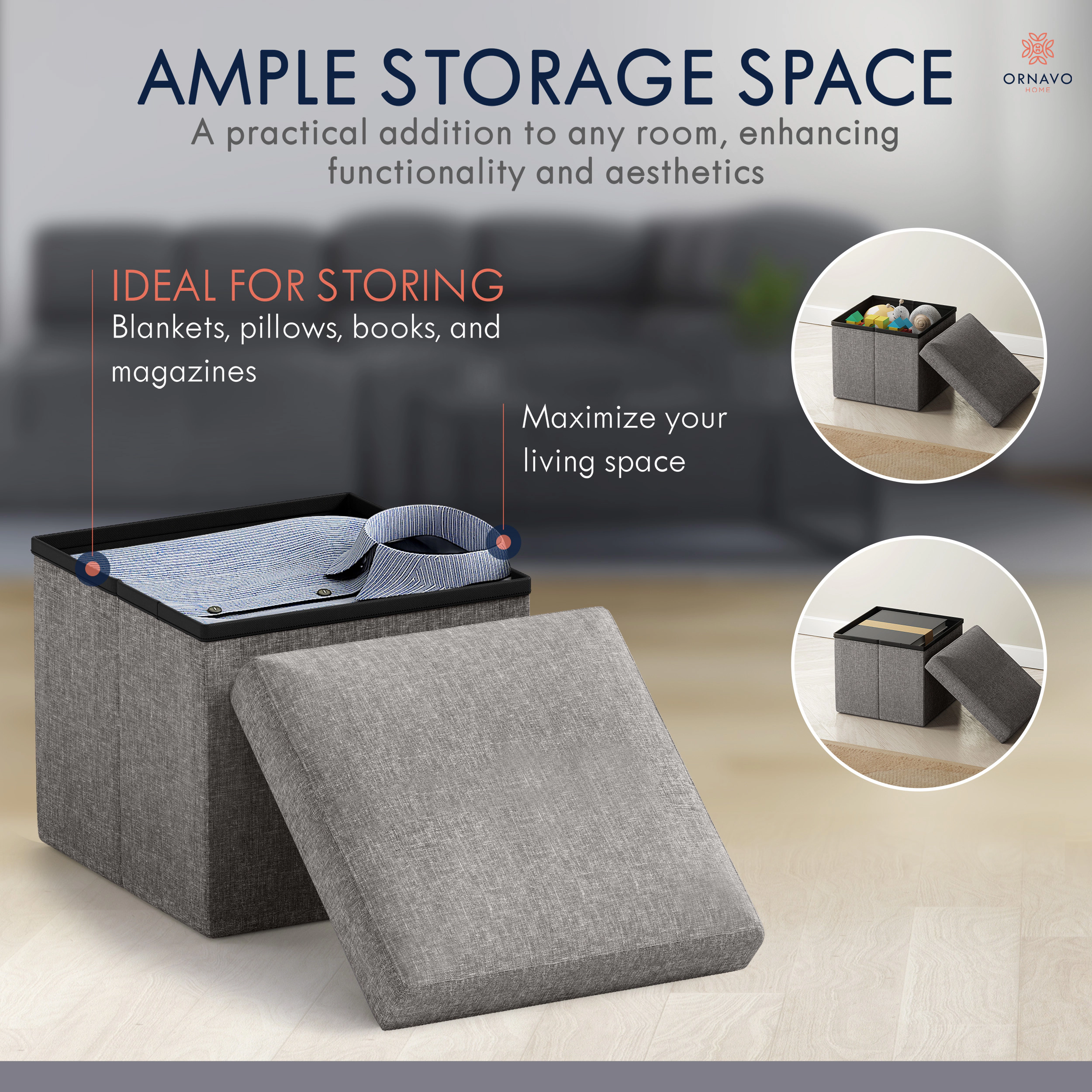 Ornavo Home Collapsible Small 12" Inch Square Storage Ottoman