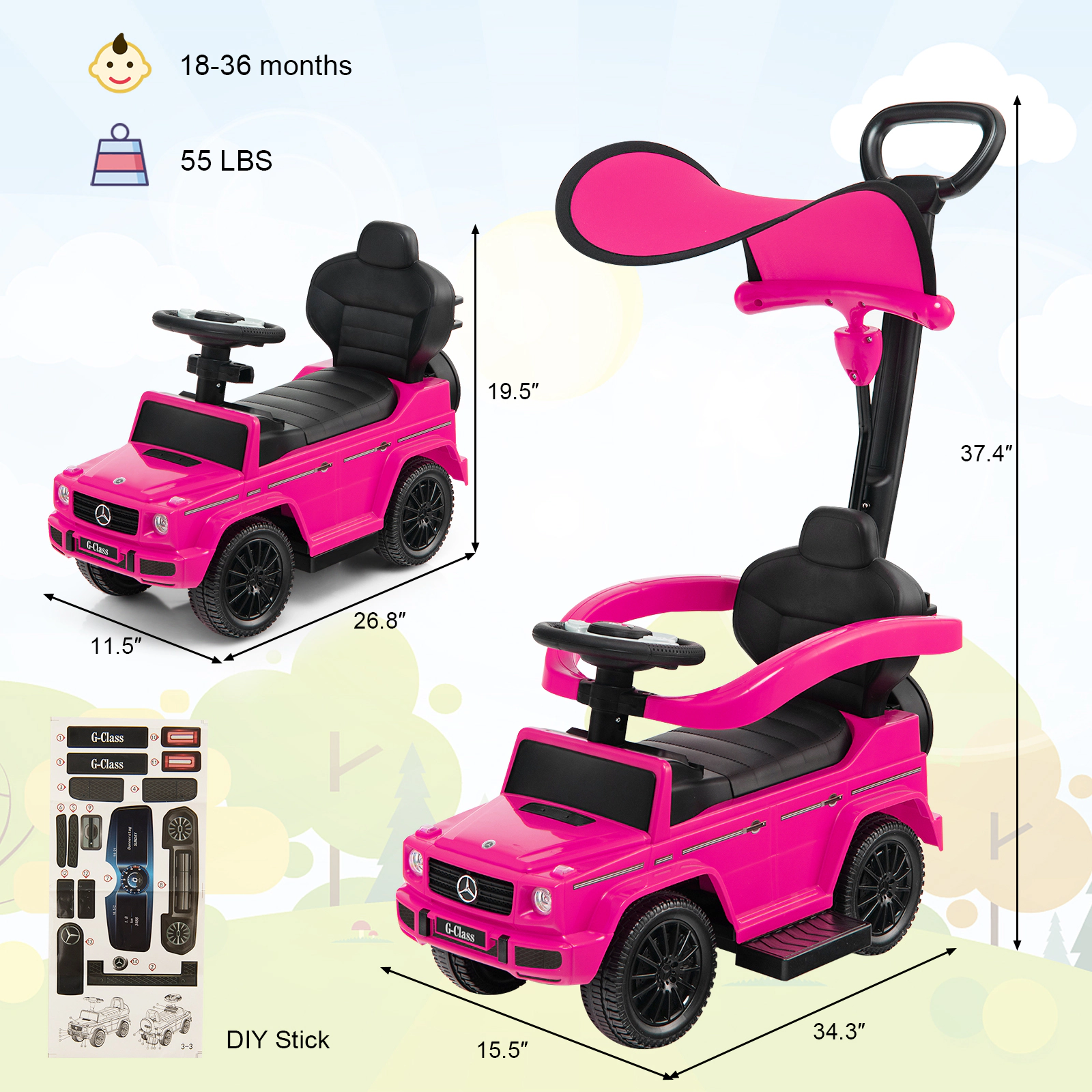 3-in-1 Toddler Push Car Pink Retractable Footrest Canopy Horn Engine Sounds Baby Stroller 18-36 Months 55-lb Limit