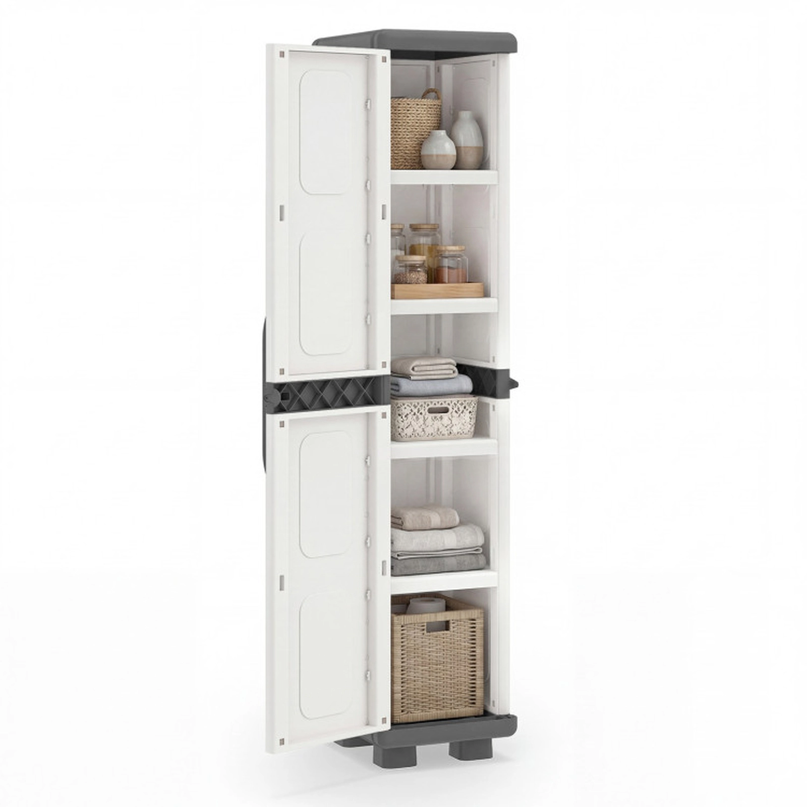 SUGIFT Slim Storage Pantry Cabinet with 4 Adjustable Shelves 55-lb Shelf Capacity 33-lb Top Capacity Gray and White