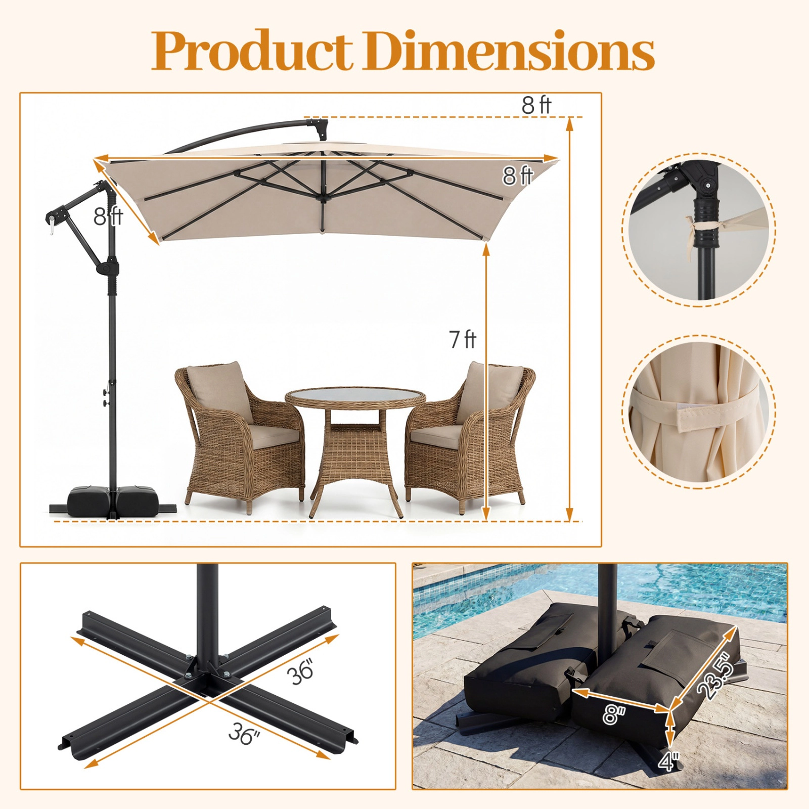 SUGIFT 8 x 8-ft Square Offset Cantilever Patio Umbrella with Double-Tier Canopy 116-lb Base Capacity 360° Rotation Beige