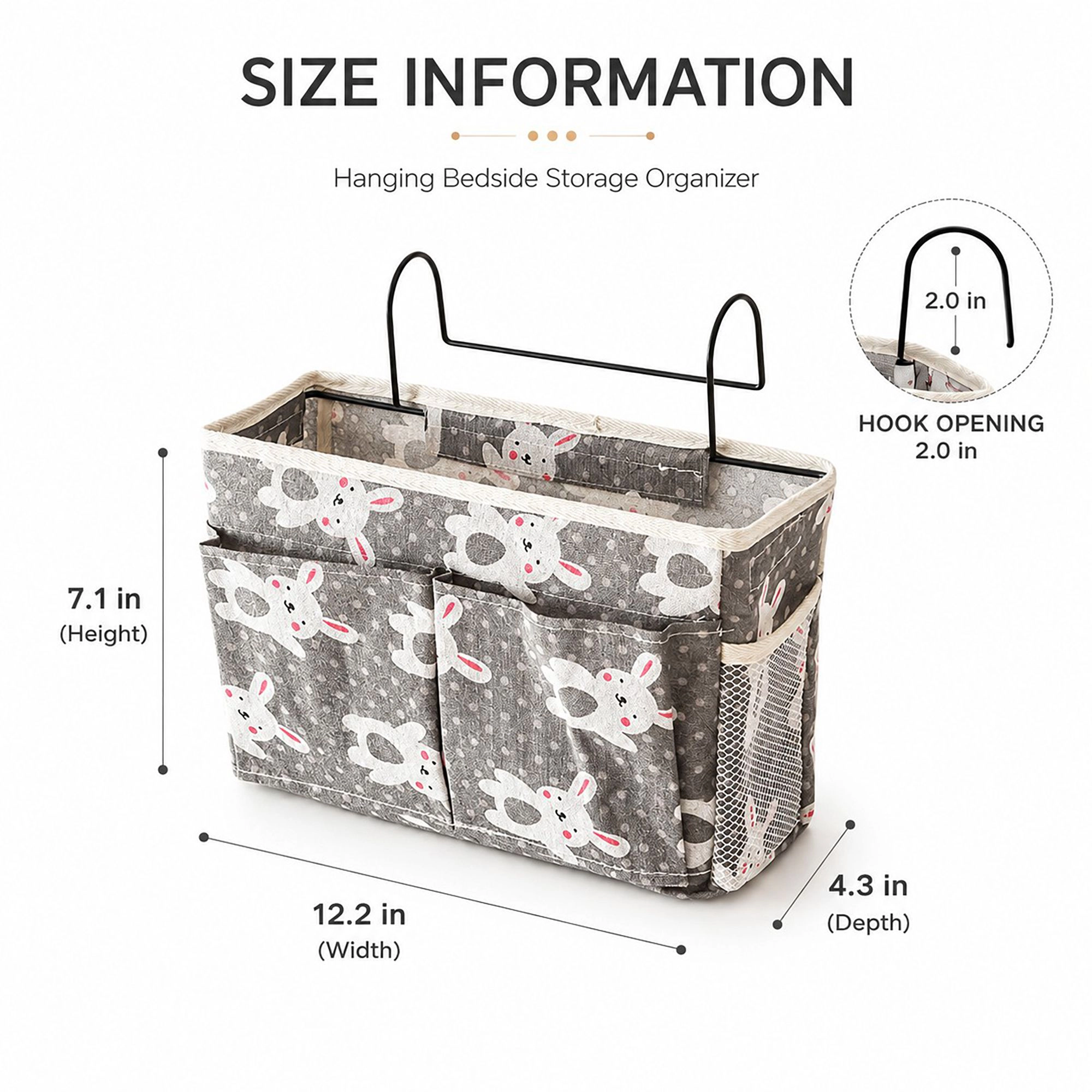 Alilang Hanging Bedside Storage Caddy Bunny Print Organizer with Hooks and Multiple Pockets