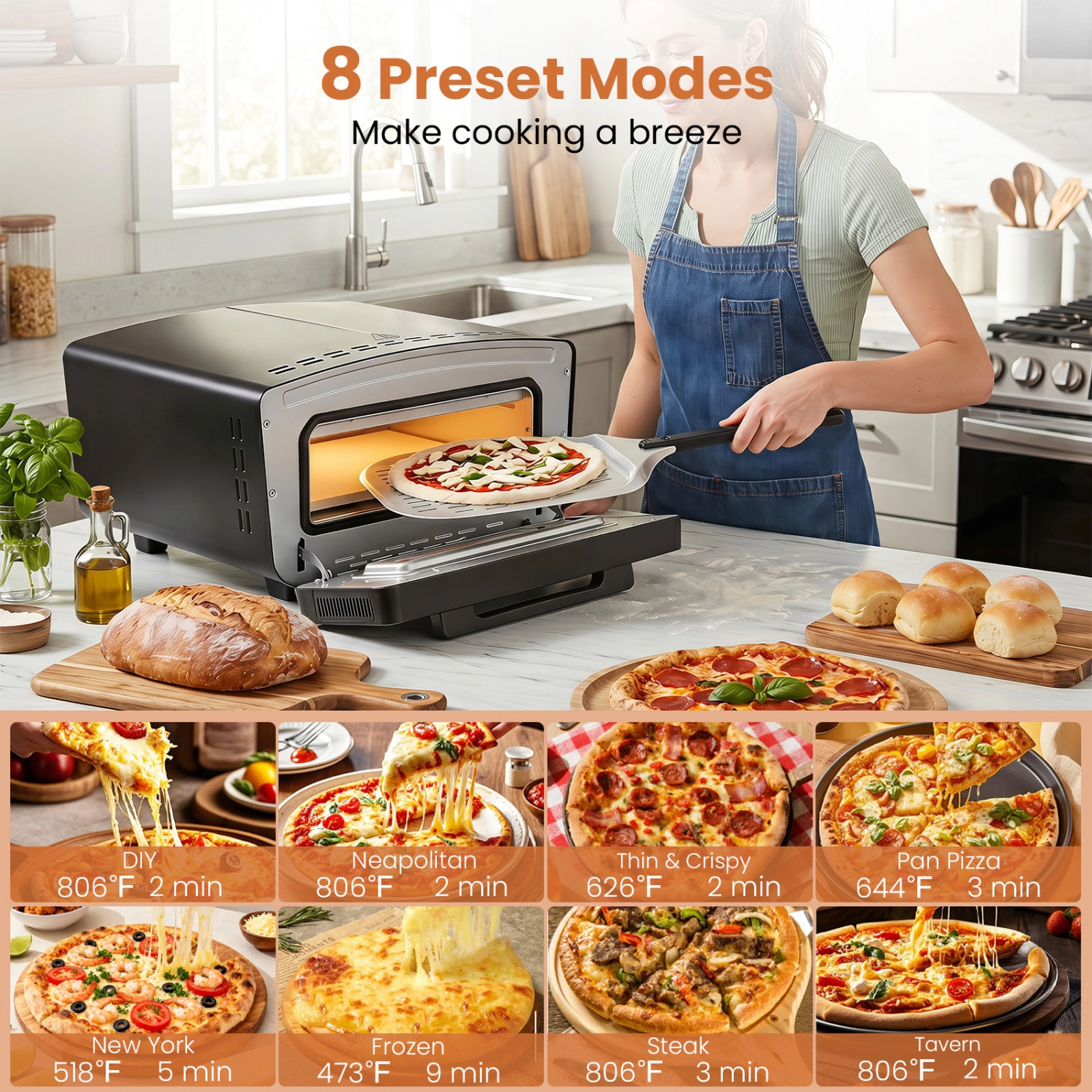 SUGIFT Dual Heating Zone Indoor Electric Pizza Oven 1700W 850 F Max 8 Presets 12.5-in Stone for 12-in Pizzas Black