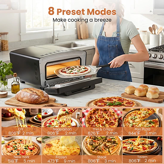 SUGIFT Dual Heating Zone Indoor Electric Pizza Oven 1700W 850 F Max 8 Presets 12.5-in Stone for 12-in Pizzas Black