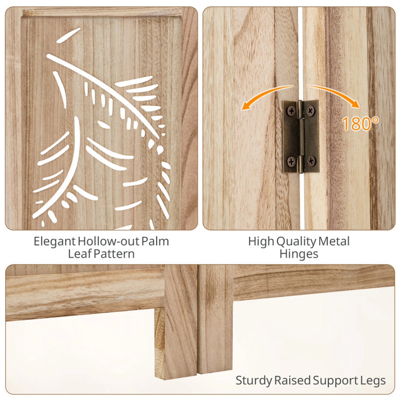 SUGIFT 6-Panel Carved Palm Leaf Wood Room Divider with Paulownia Frame and Raised Legs 95-in W 67-in H Natural