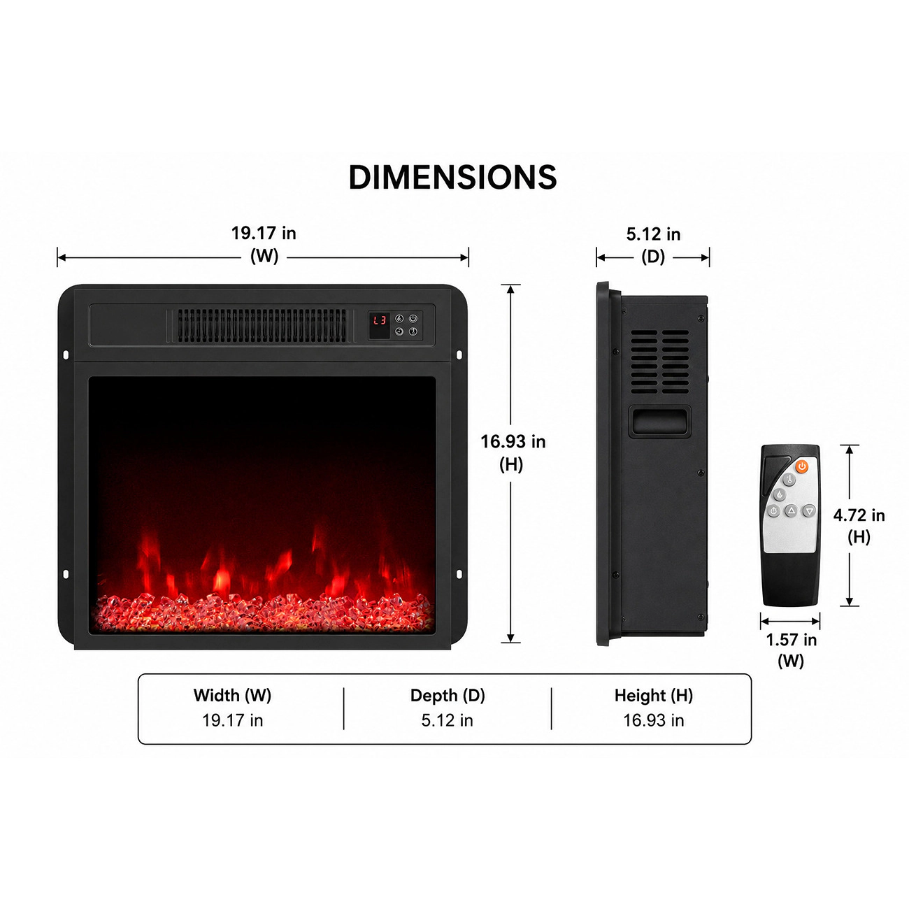 SlickBlue Black Electric Fireplace Insert with 1400W Heater, 5000 BTU, 9 Flame Colors, Timer
