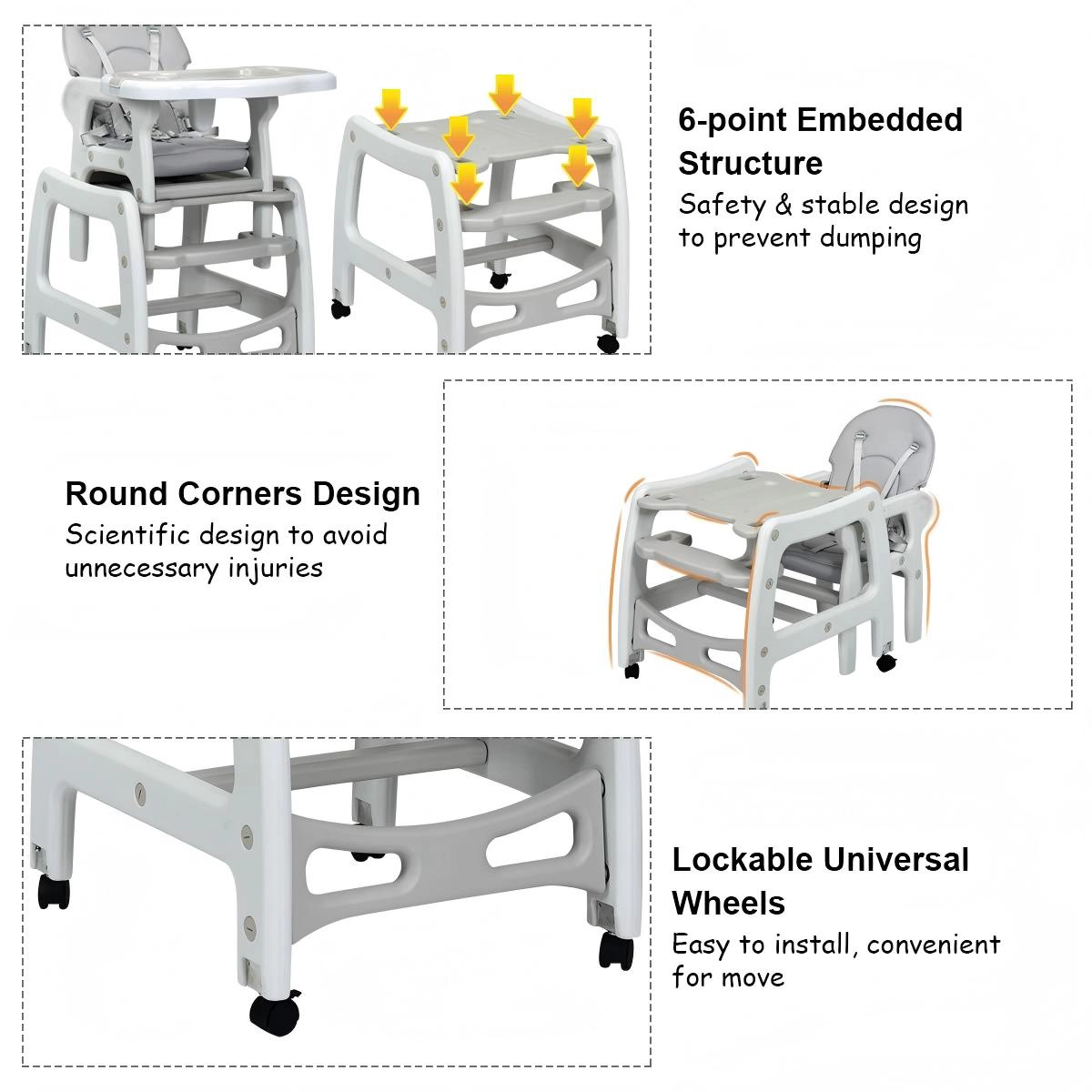 SUGIFT 3-in-1 Convertible Baby High Chair with Lockable Universal Wheels 50-lb Capacity Ages 6 Months-8 Years Gray/Pink