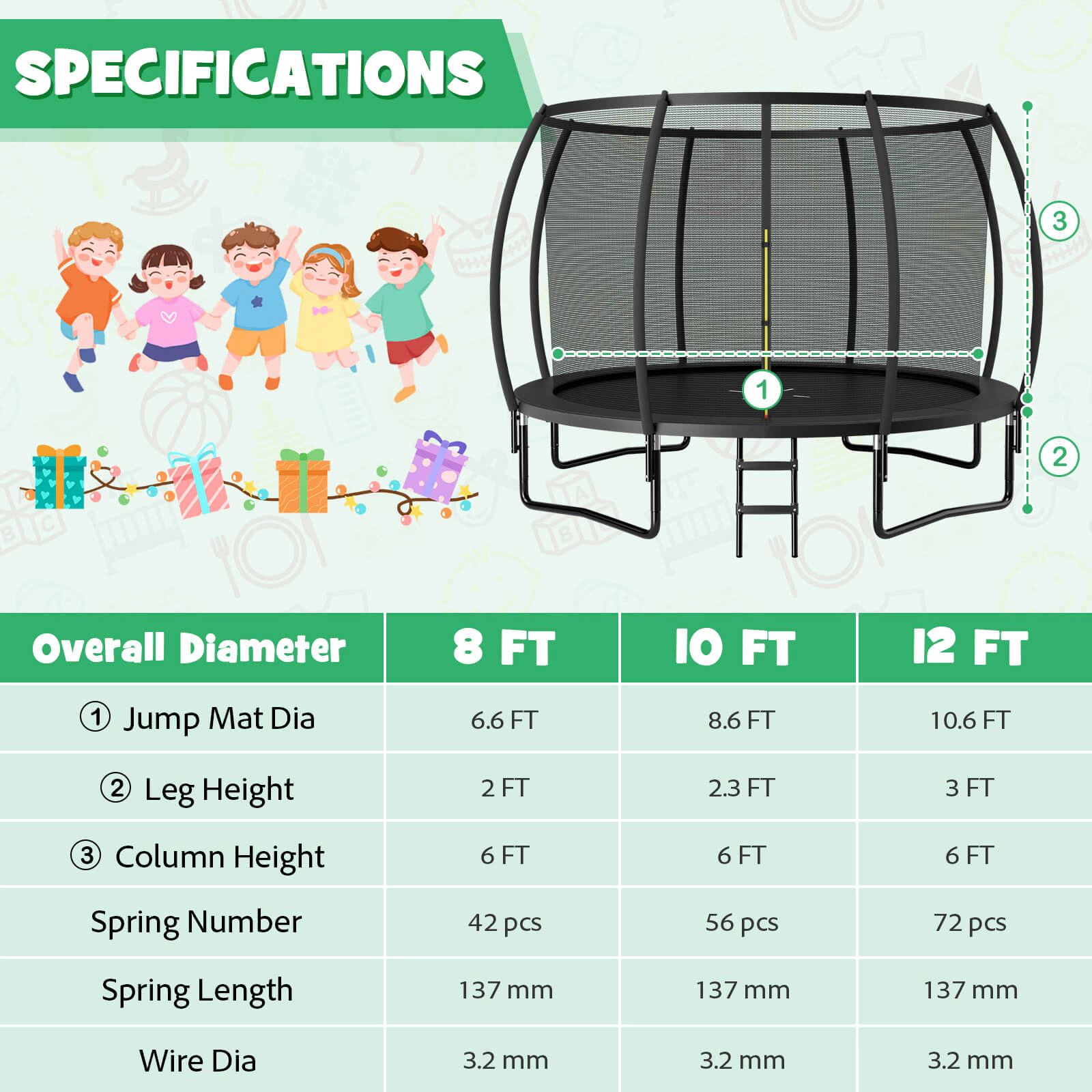 LJG 12FT ASTM Approved Recreational Trampoline with Ladder