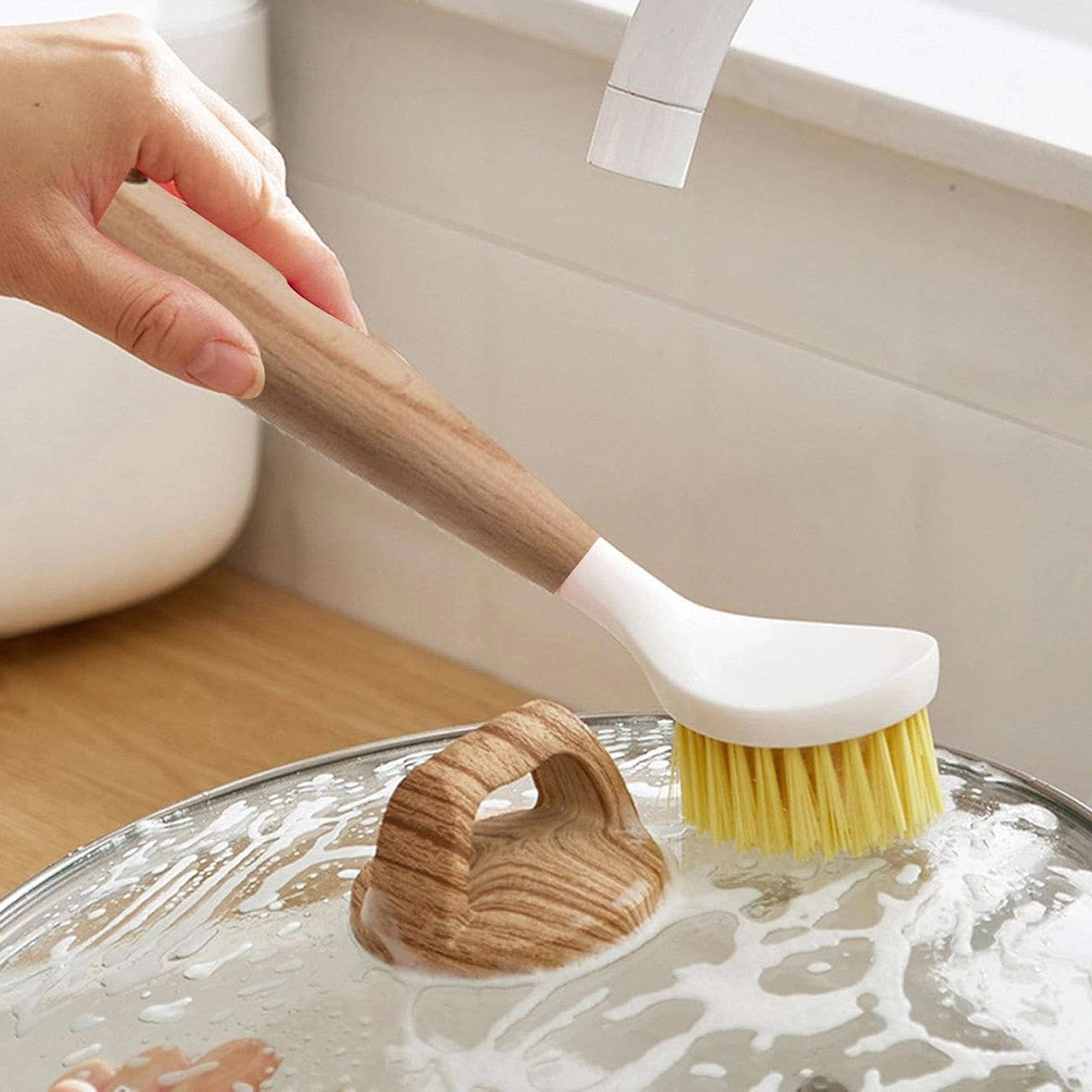 Cheer Collection 3 Piece Bamboo Dish Brush Set with Scraper – Tough Bristles