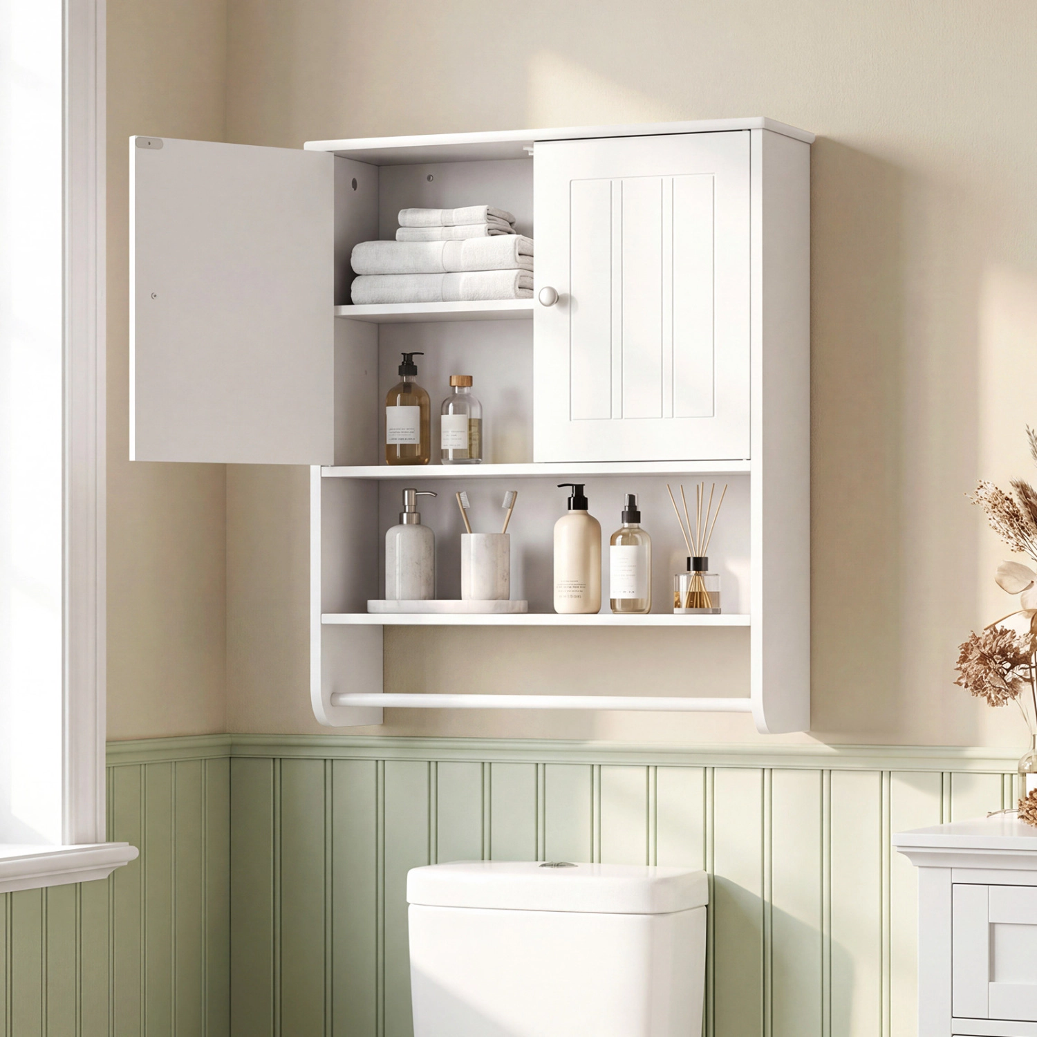 Slickblue White Bathroom Wall Cabinet with 2 Doors, Open Shelf and Towel Bar