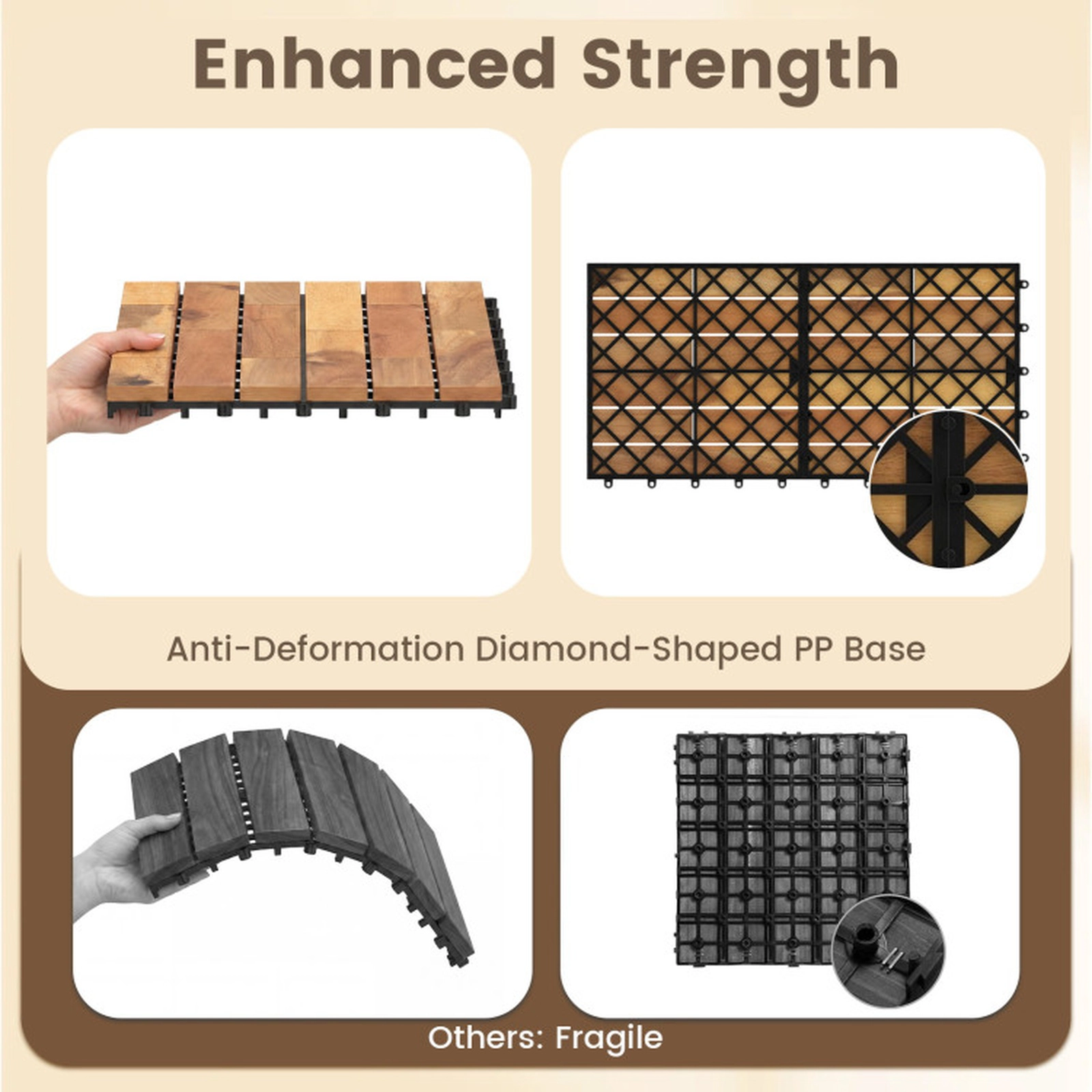 SUGIFT Natural 24-Piece Acacia Wood Deck Tiles with Elevated Drainage Base 24-in W 12-in D 500-lb Tile Capacity