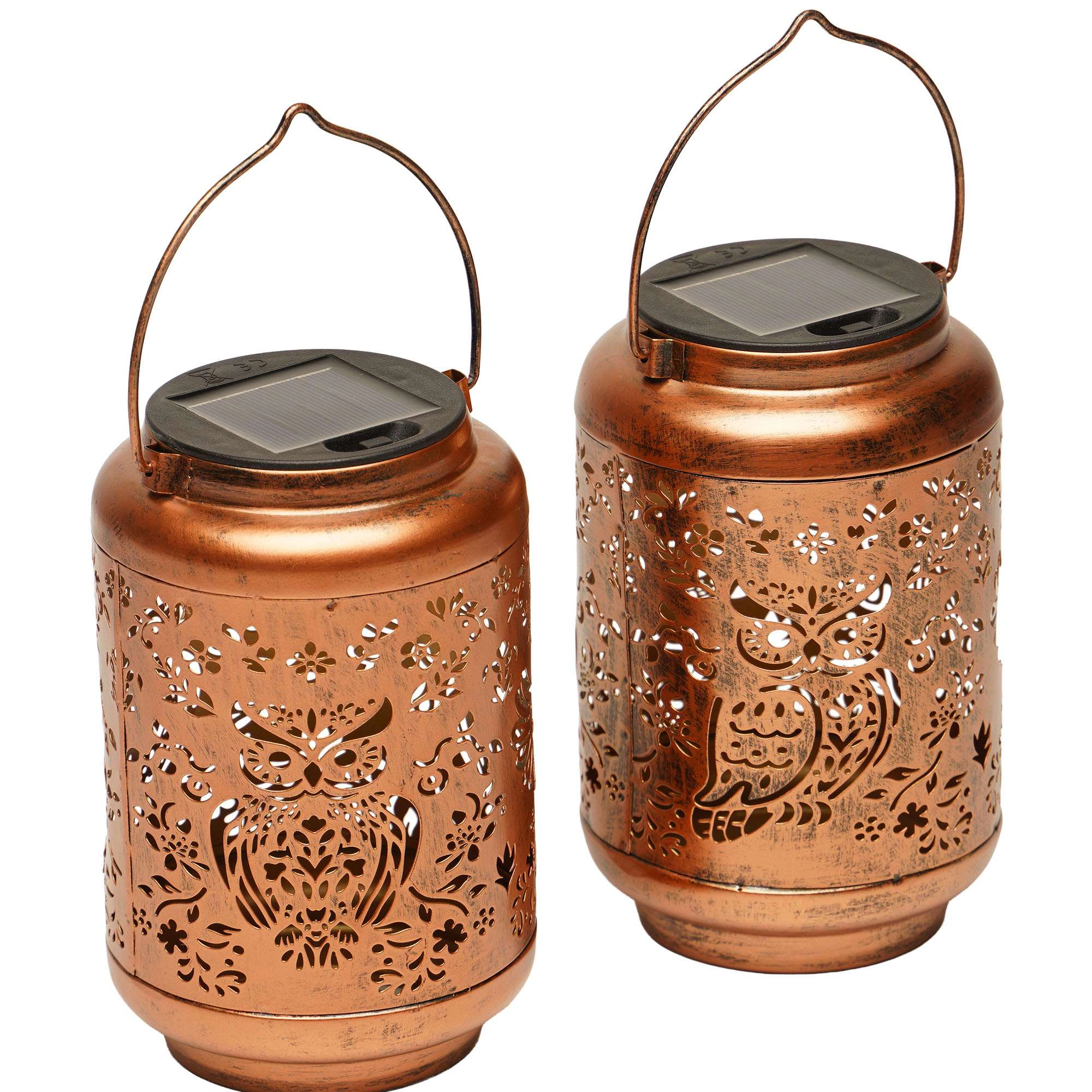 G128 2-Pack Solar Owl Outdoor Lantern, Antique Copper Metal Waterproof Hanging Lantern with Warm White LED, 6.75 in