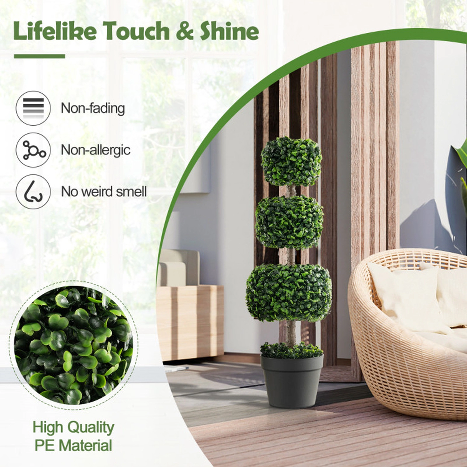 SUGIFT Triple Ball Artificial Boxwood Topiary Tree with Cement-filled Pot 30-in Tall 7 x 5.5 in Pot 6.5-lb Green & Black