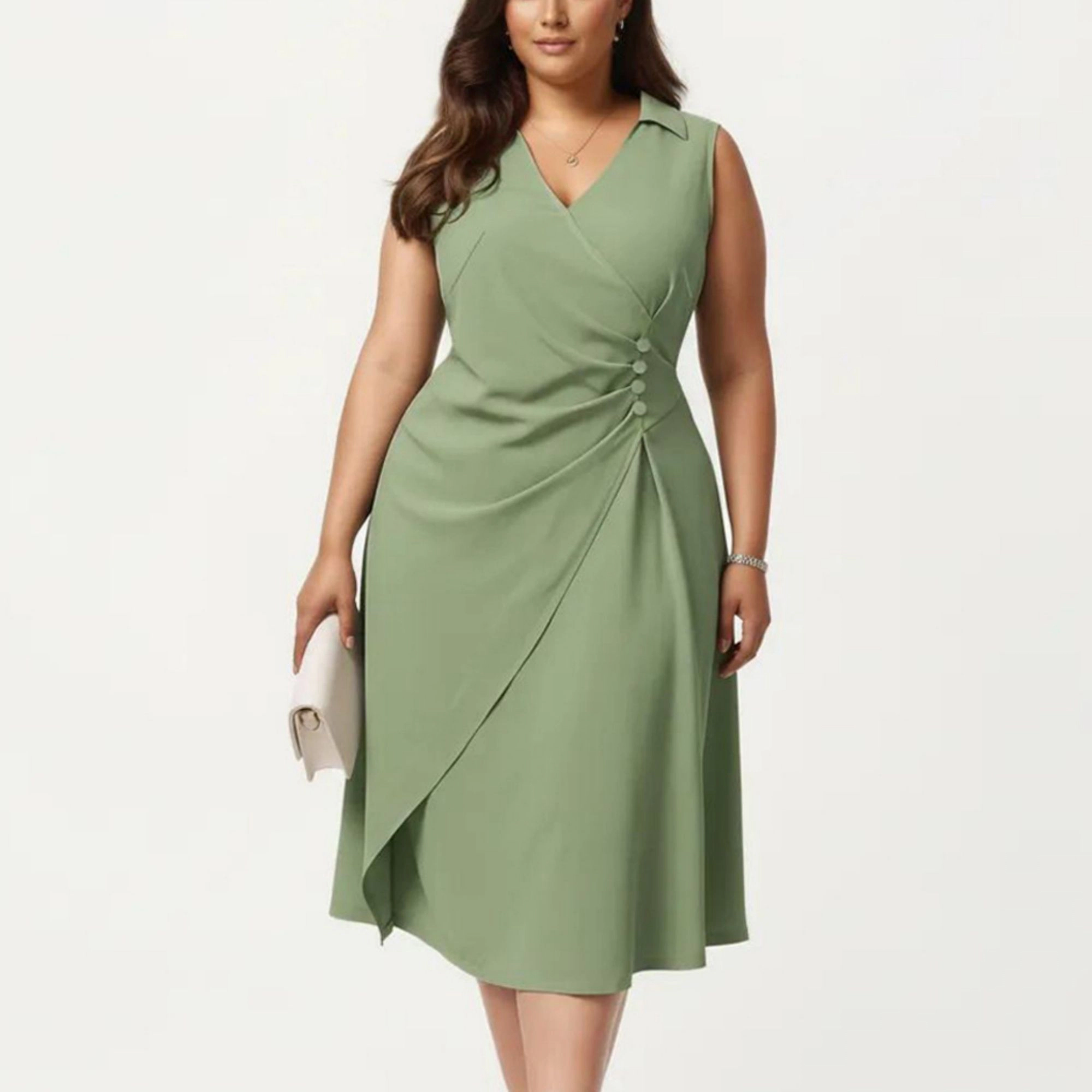 Anna-Kaci Women's Plus Sleeveless Wrap Side Button Detail V Neck Structured Flowy Midi Dress