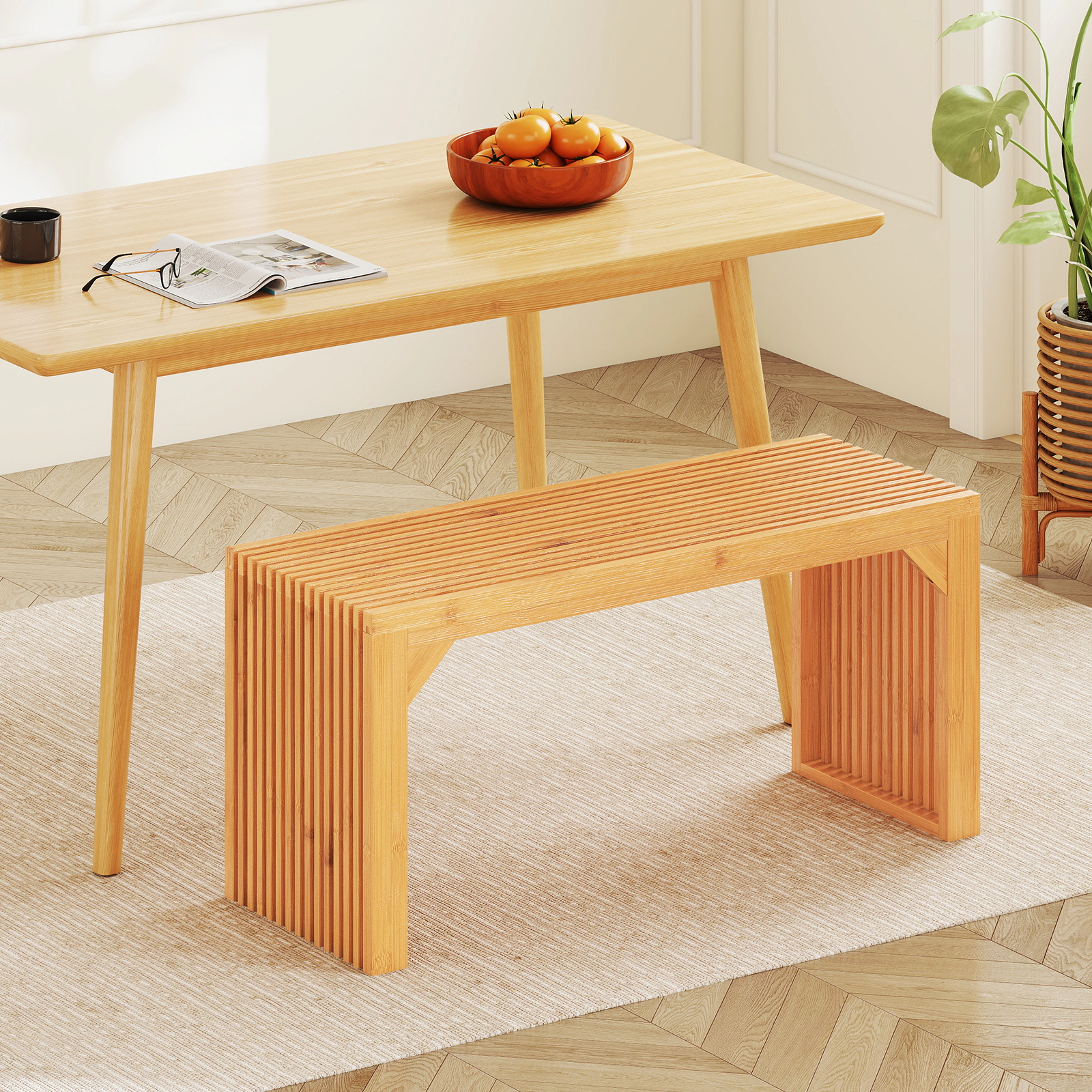LJG Bamboo Dining Bench Long Entryway Bench Indoor Outdoor Solid Wood Bench