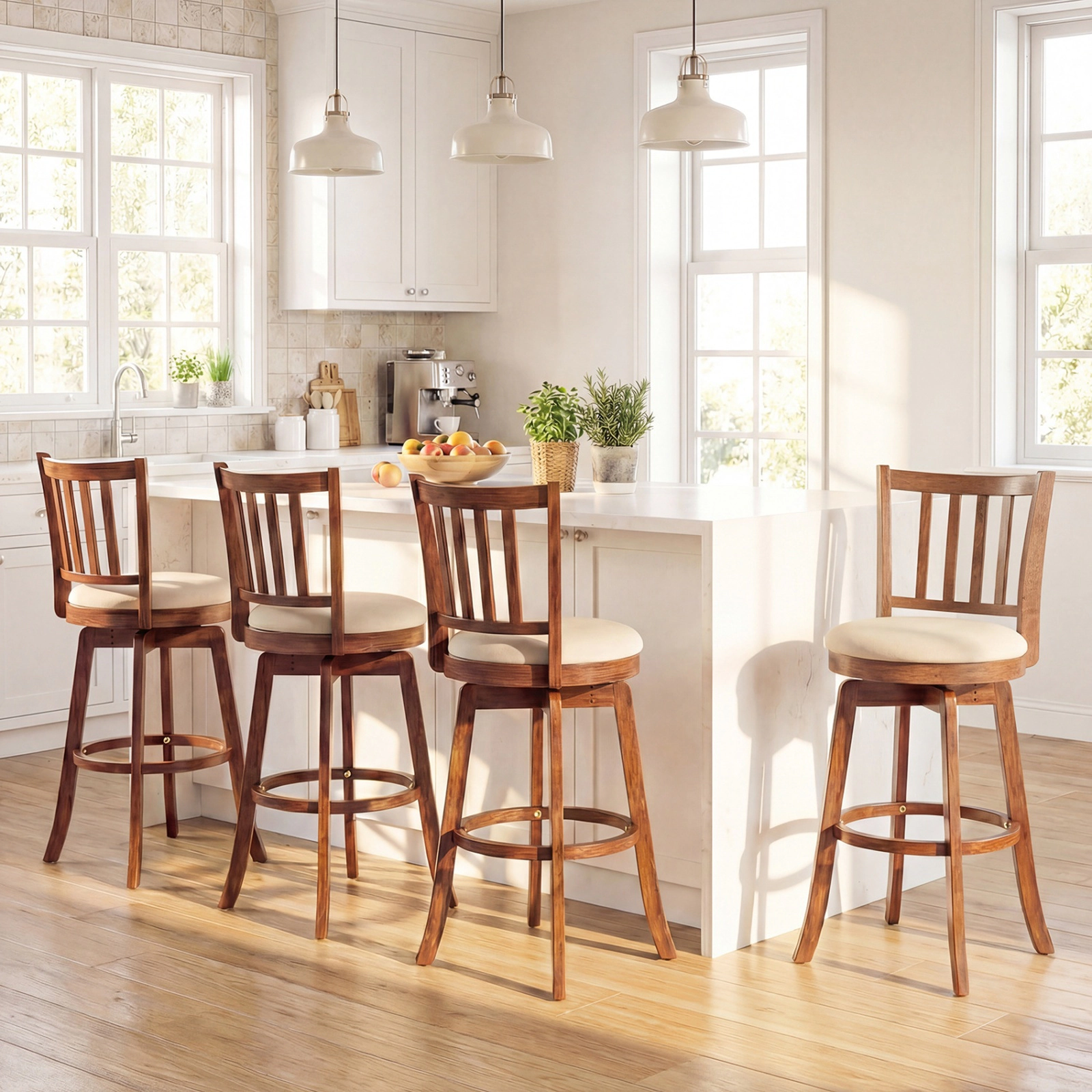 SUGIFT 360° Swivel Bar Stools Set of 4 Backrest & Upholstered Seat 350-lb Capacity 30.5-in Seat Height Driftwood +Sand