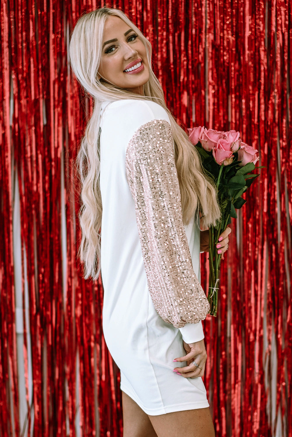 Threaded Pear Women's Mandy Sequin Puff Sleeve Shift Mini Dress