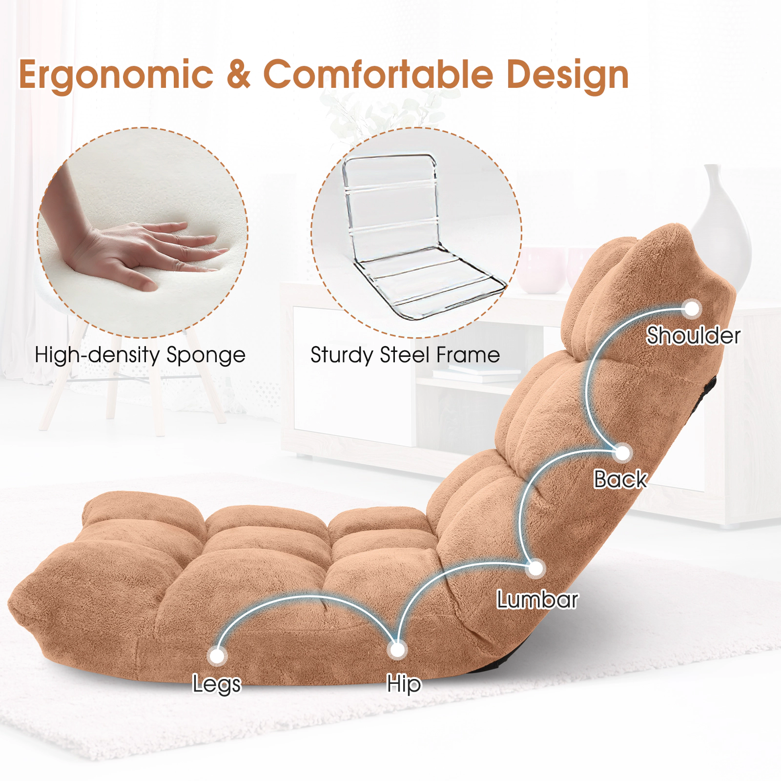 SUGIFT Adjustable 14-Position Cushioned Floor Chair 200-Lb Seat Capacity 77-Lb Backrest Capacity Beige