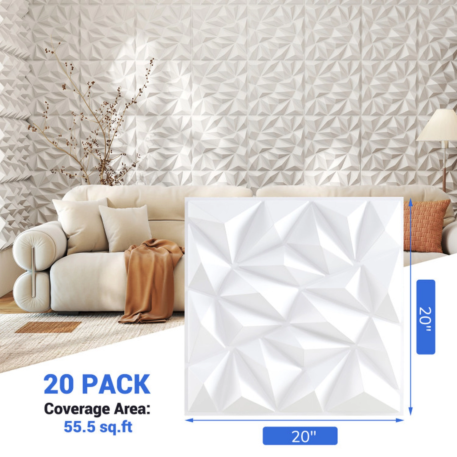 SUGIFT 20-Pack 3D Diamond PVC Wall Panels, White, 55.5 sq. ft. Coverage