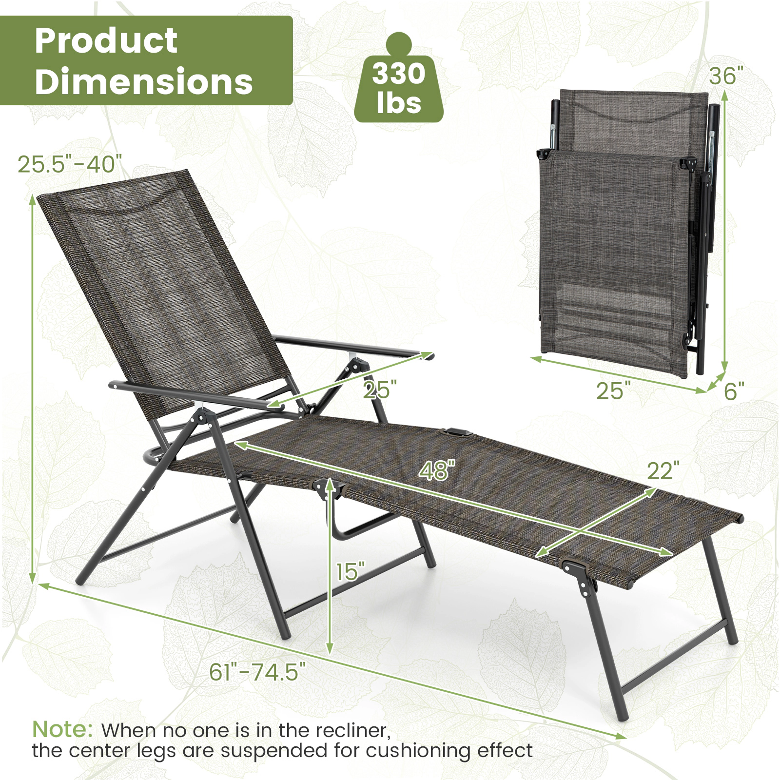 SUGIFT 2-Piece Patio Folding Chaise Lounge Recliners with 6-Level Adjustable Backrest 330-Lb Capacity Coffee
