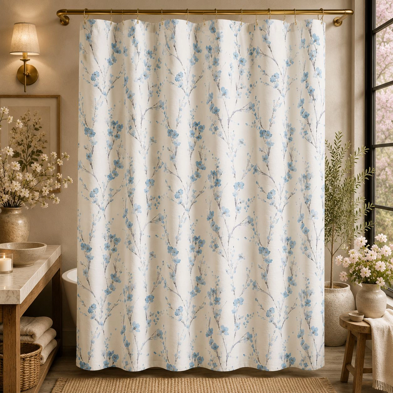 Kate Aurora Woodland Bloom Botanical Fabric Shower Curtain - 70 in. x 72