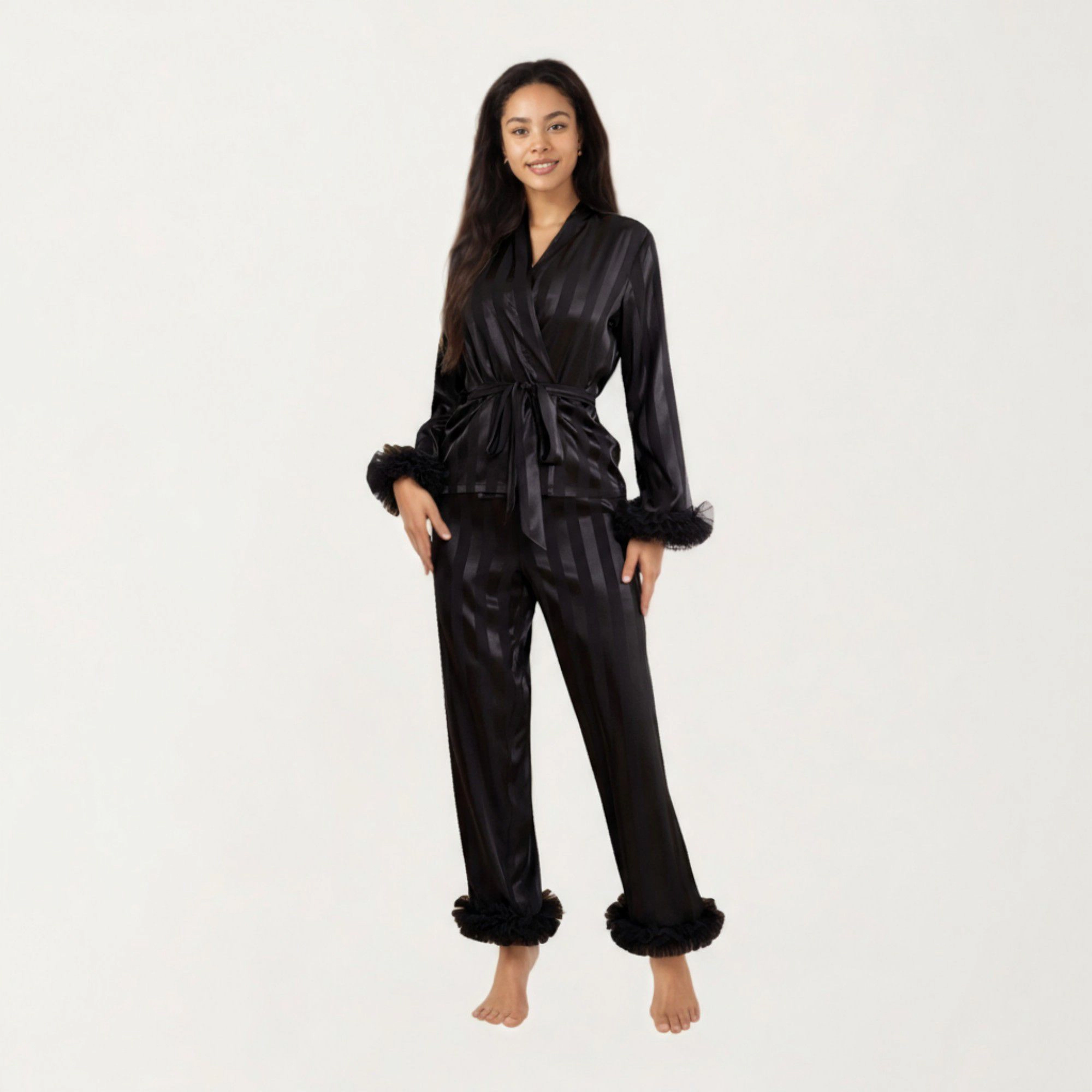 Anna-Kaci Women's 2-Piece Satin Wrap Long Sleeve Feather Trim Top and Straight Leg Pants