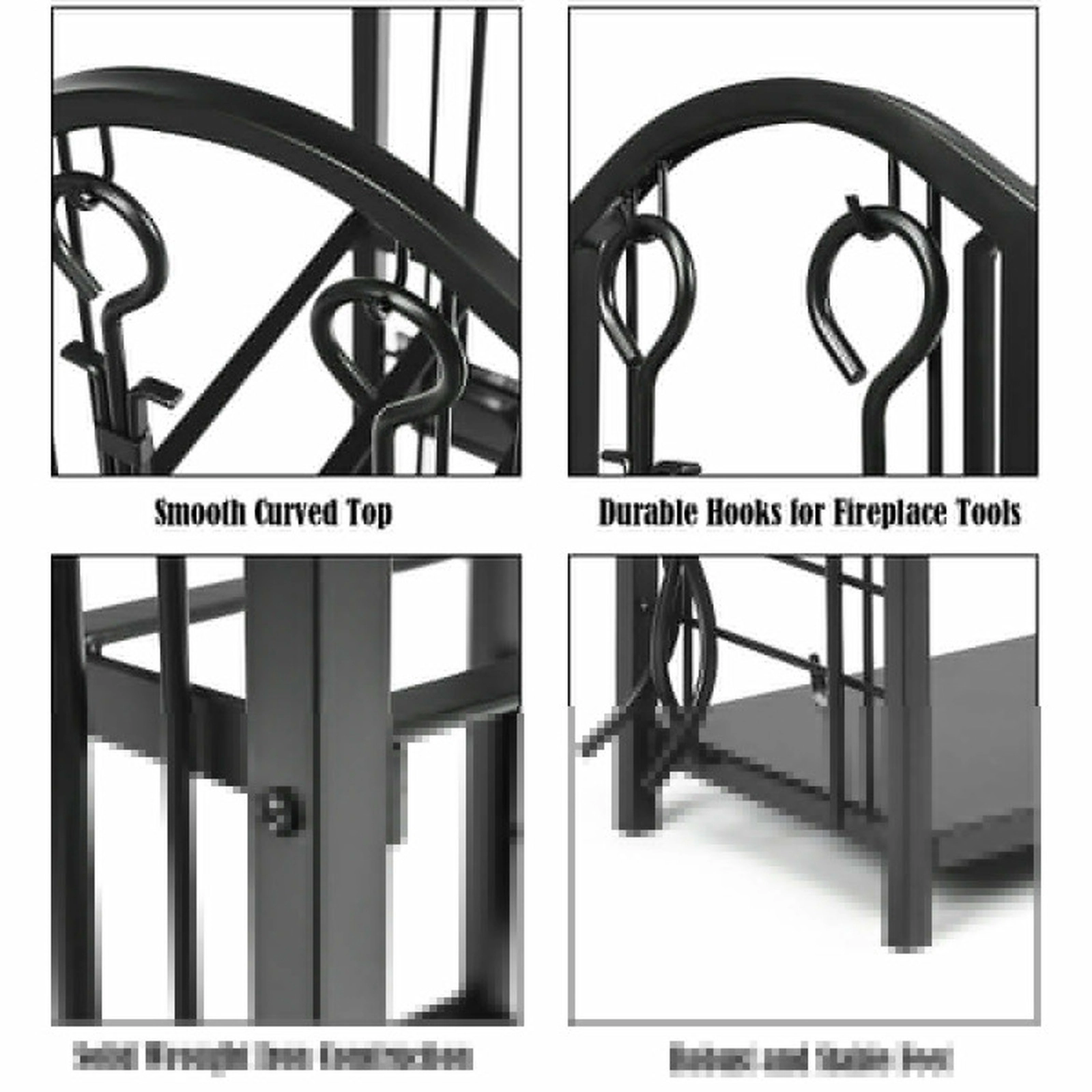 SUGIFT 2-Shelf Wrought Iron Firewood Rack with 4-Piece Fireplace Tool Set