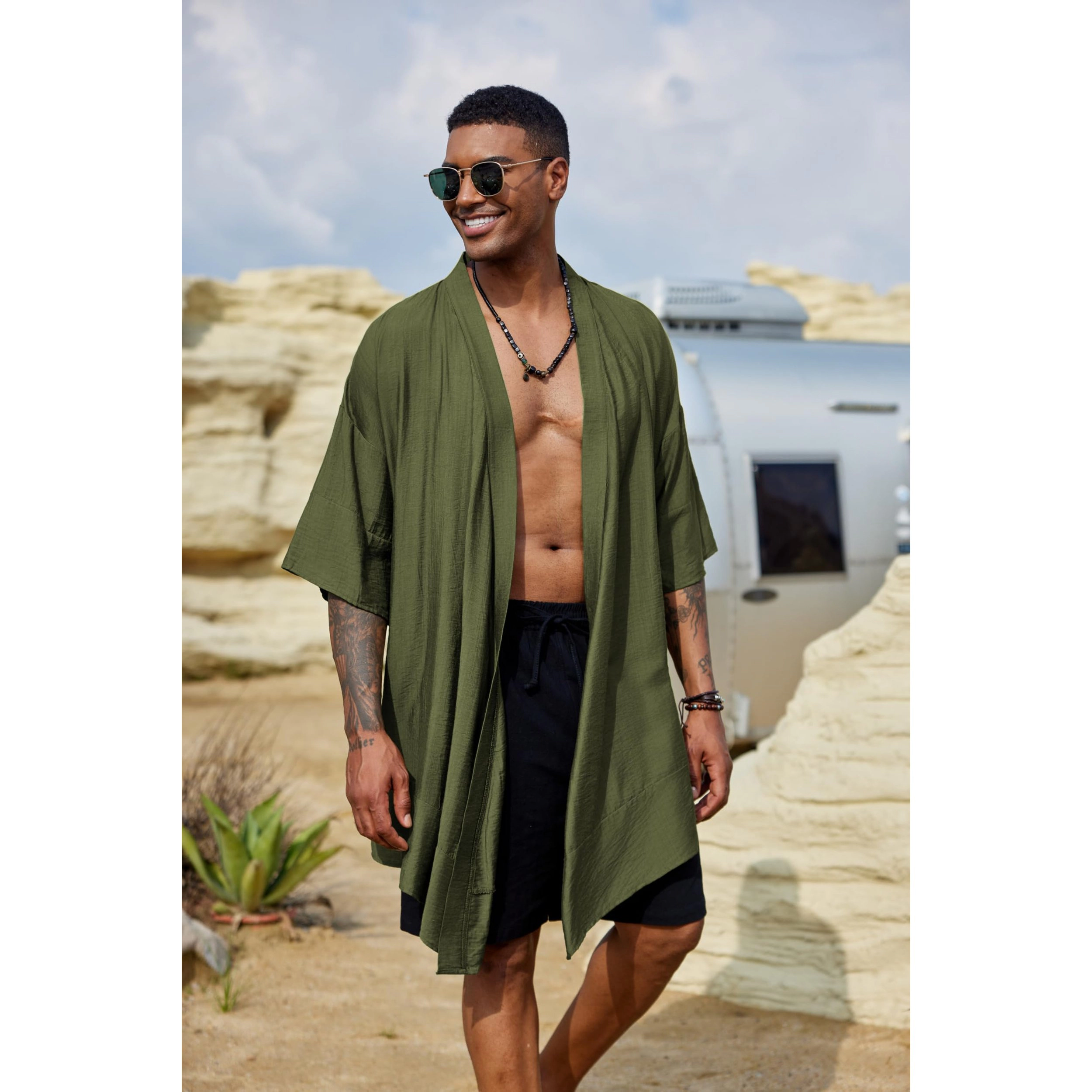 COOFANDY Men's Loose Fit Open Front Elbow Sleeve Kimono Cardigan
