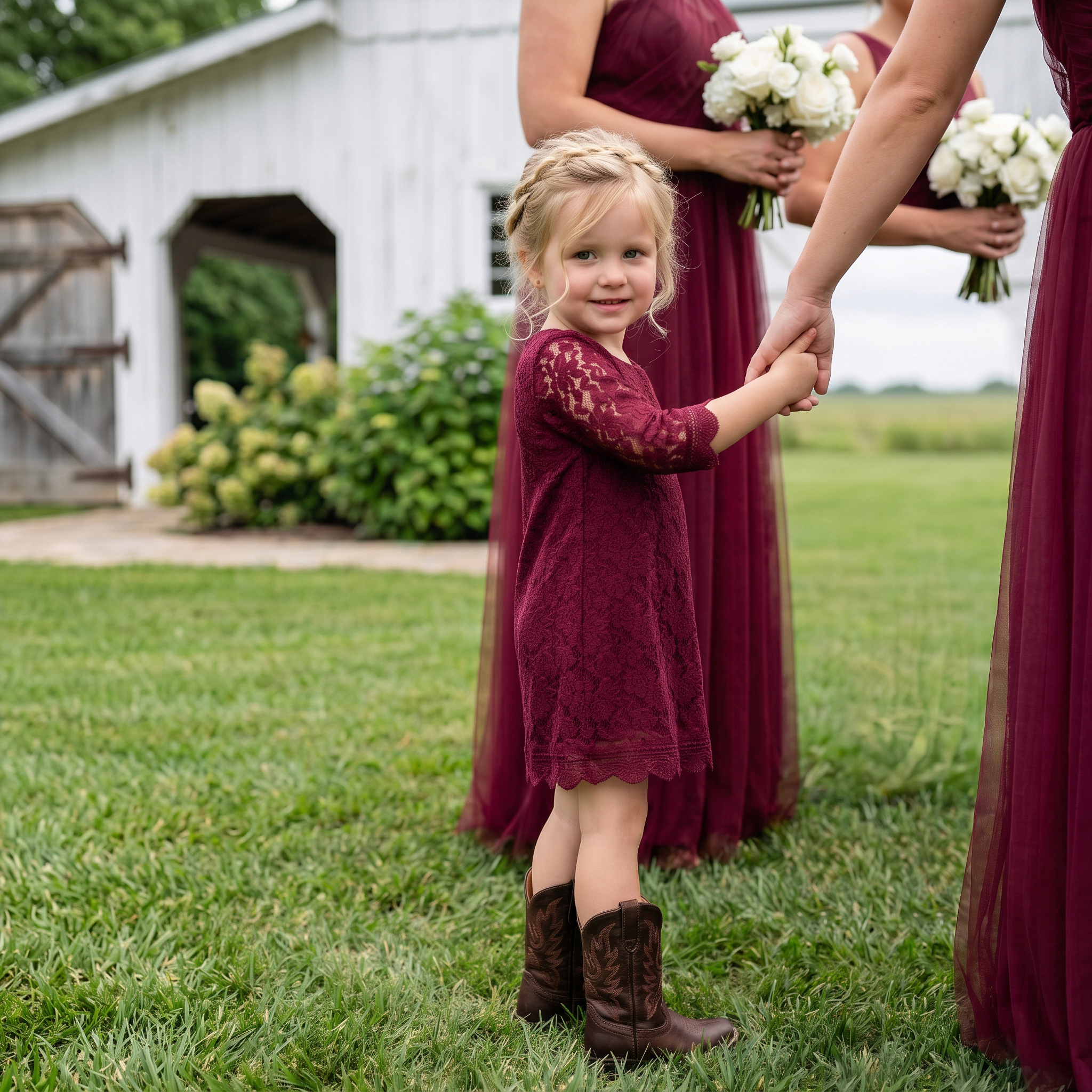 2Bunnies Girls' 12M-12Y Boho Country Rustic Lace Scalloped Trim Sleeve Flower Girl Dress