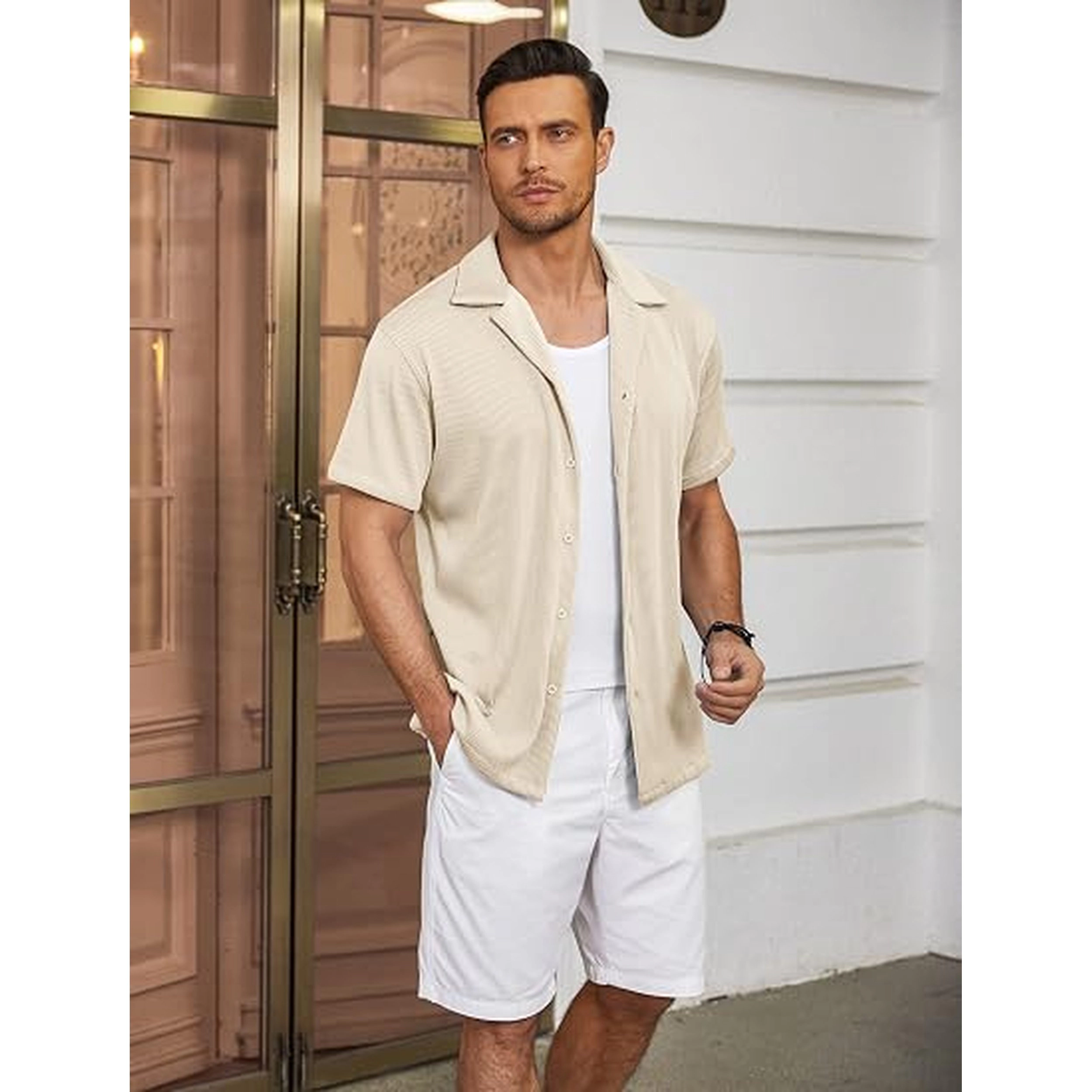 COOFANDY Men's Regular Fit Textured Short Sleeve Camp Collar Shirt