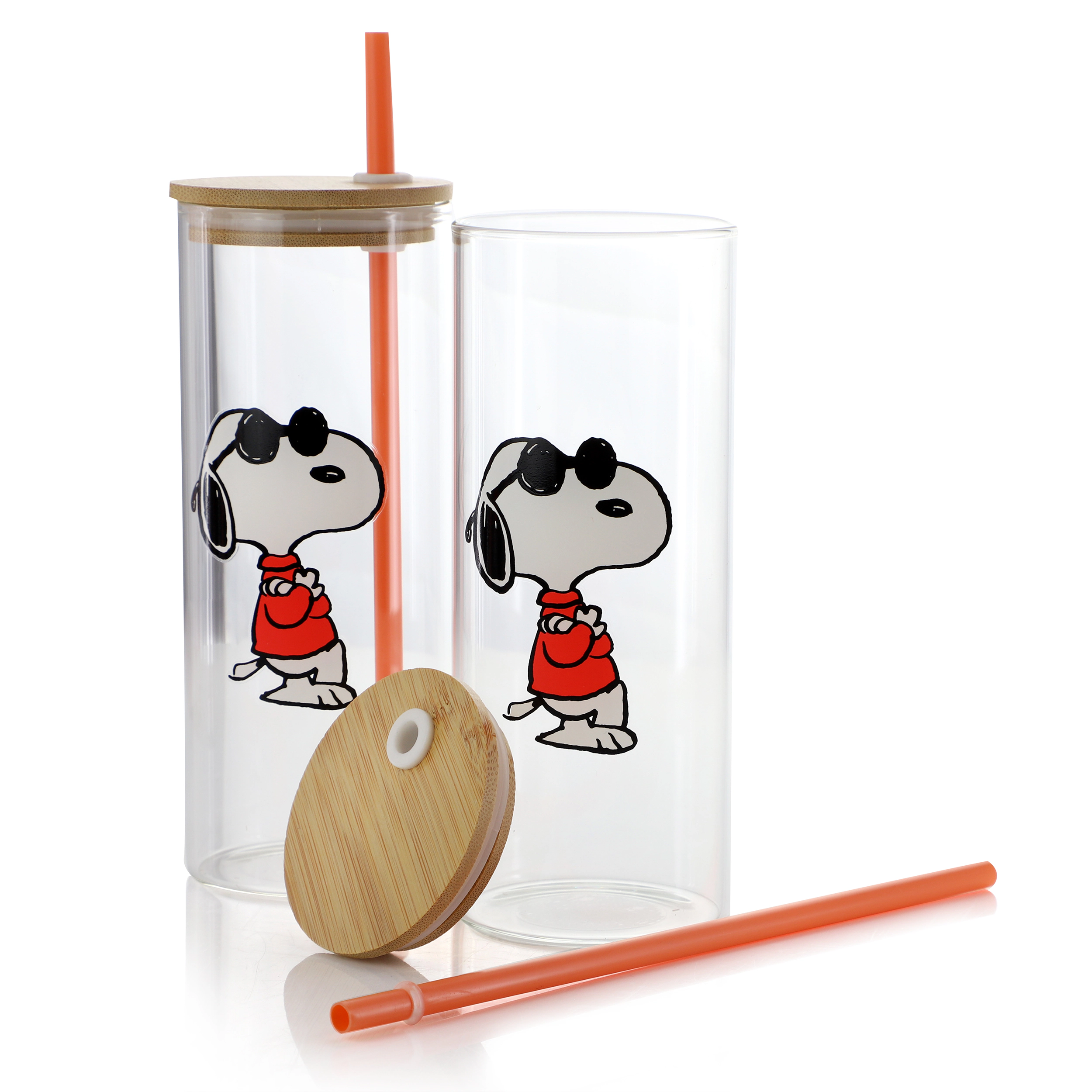 Peanuts Happy Sips Snoopy and Woodstock 6 Piece 23 Ounce Glass Tumbler with Straw and Bamboo Lid in Orange